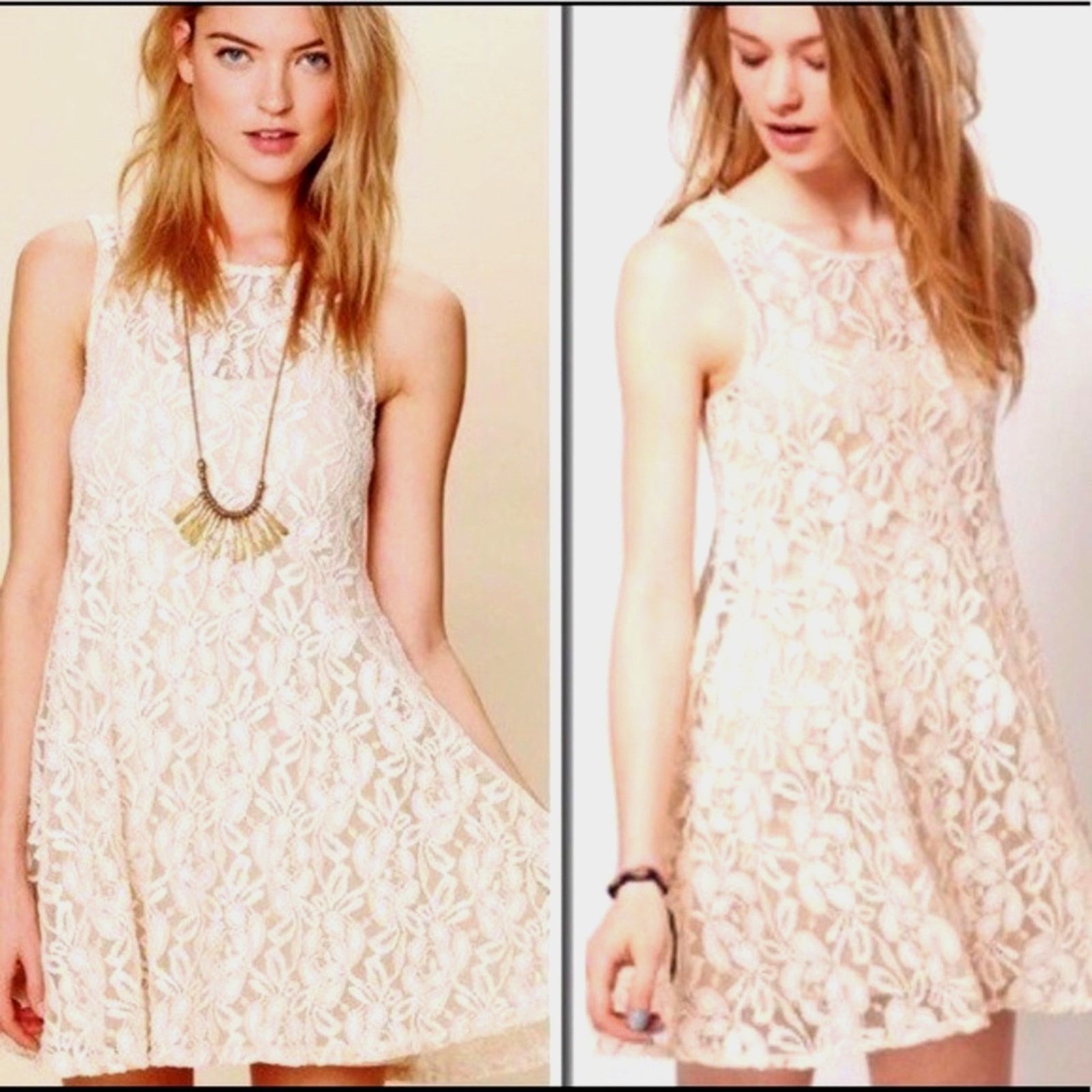 Free People Free People Lace Sleeveless Mini Dress Beige M Size M / US 6-8 / IT 42-44 - 4 Thumbnail
