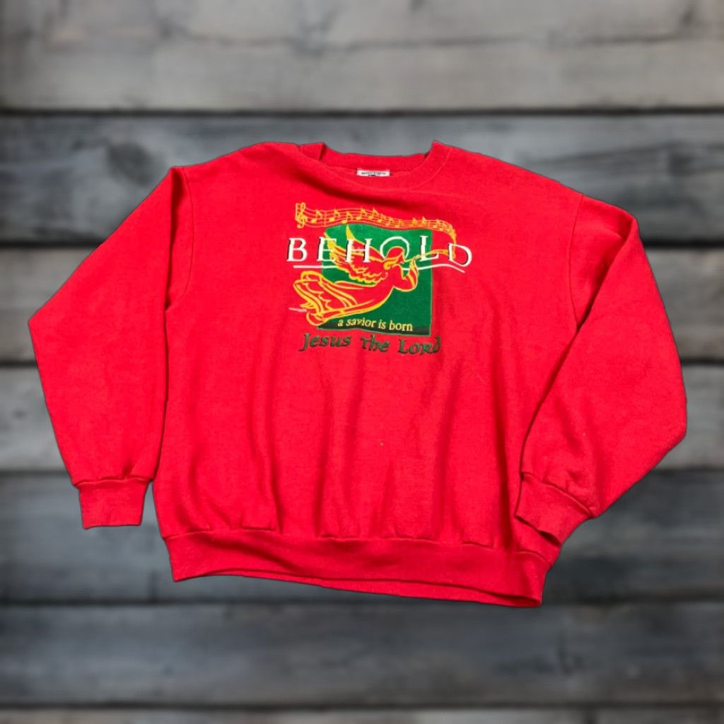 Lee VINTAGE 90s Christmas Jesus Is Born Sweatshirt Red Lee Crewneck Pullover Adult Large Womens Sweatshirt Size L / US 10 / IT 46 - 1 Thumbnail