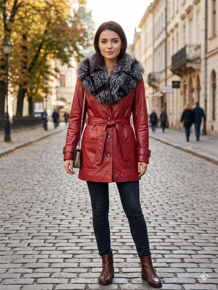 Mephisto Mephisto red leather women's coat fur fox size M Size M / US 6-8 / IT 42-44 - 1 Thumbnail