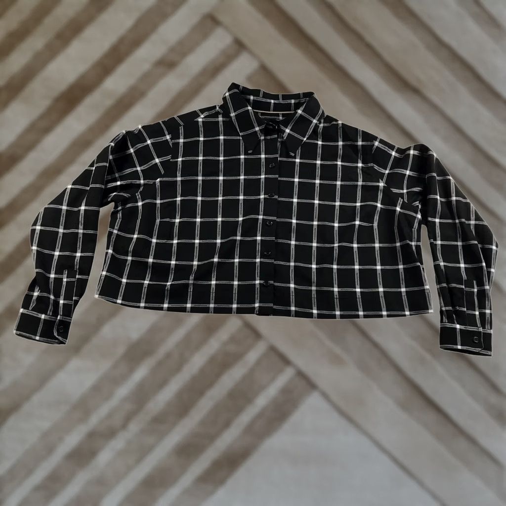 Wildfang Wildfang Black White Plaid Cropped Button Up Shirt Long Sleeve 1X Size XL / US 12-14 / IT 48-50 - 1 Thumbnail