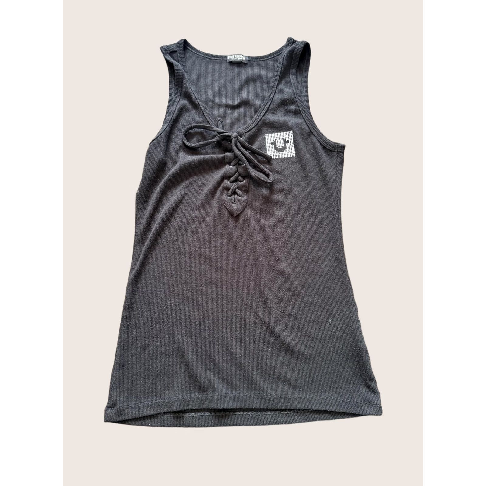 True Religion VINTAGE True Religion Tank Top Womens M Black Ribbed Lace Up Horseshoe Rhinestone V-Neck Sleeveless Shirt Size M / US 6-8 / IT 42-44 - 1 Thumbnail