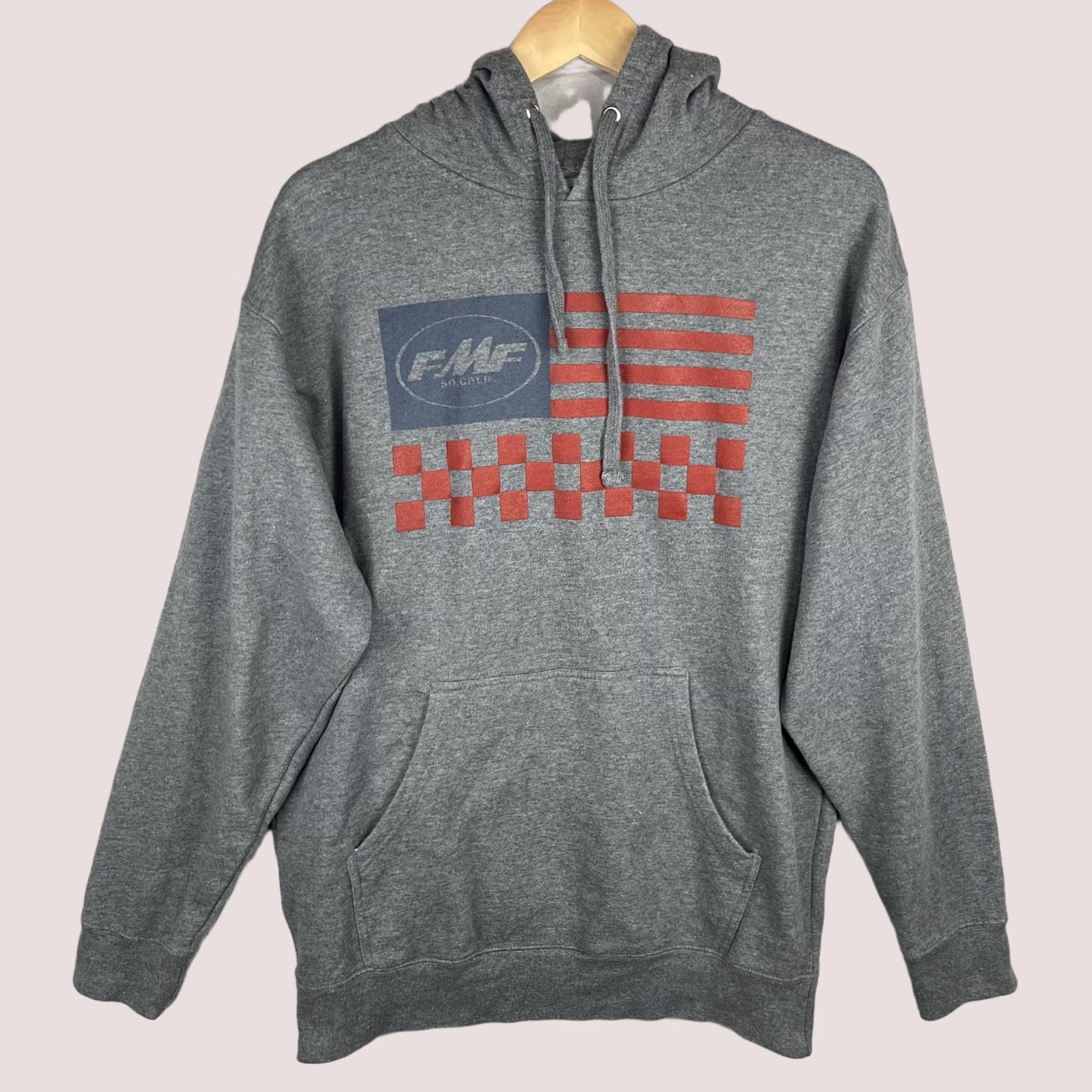 Vintage FMF Hoodie Mens Large Gray Sweatshirt Fleece Pullover Flying Machine Factory Graphic Print Hooded Pockets Logo Size US L / EU 52-54 / 3 - 1 Thumbnail