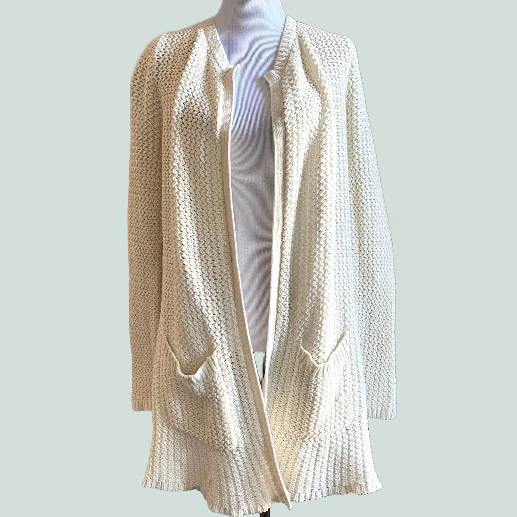 Lucky Brand Lucky Brand Cardigan Sweater Cream Chunky Knit Open Front Longline Pockets Sz M Womens Jacket Knit Open Front Cardigan Cream Ivory Size M / US 6-8 / IT 42-44 - 1 Thumbnail
