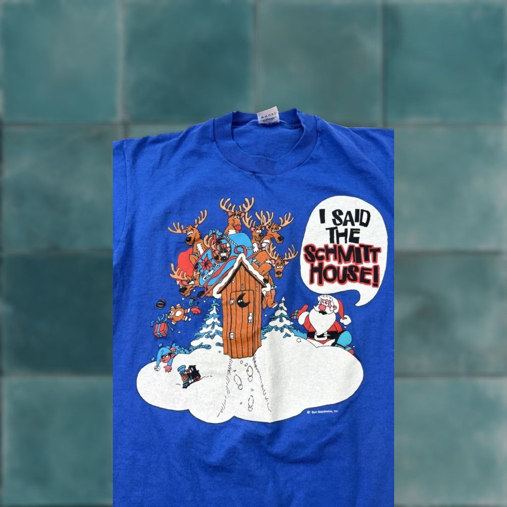 Fruit Of The Loom VINTAGE Christmas Santa Shirt Mens Medium Blue Graphic Funny 90s Sun Sportswear Size US M / EU 48-50 / 2 - 1 Thumbnail