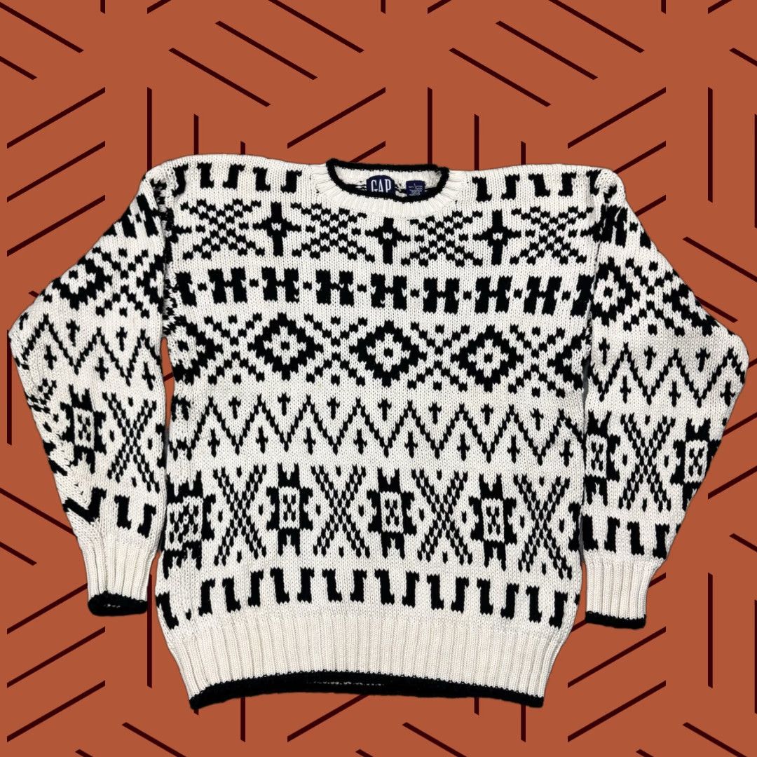 Gap VINTAGE 90S GAP MENS AZTEC GEOMETRIC HEAVY CHUNKY KNIT SWEATER SIZE M BLACK WHITE Size US M / EU 48-50 / 2 - 1 Thumbnail
