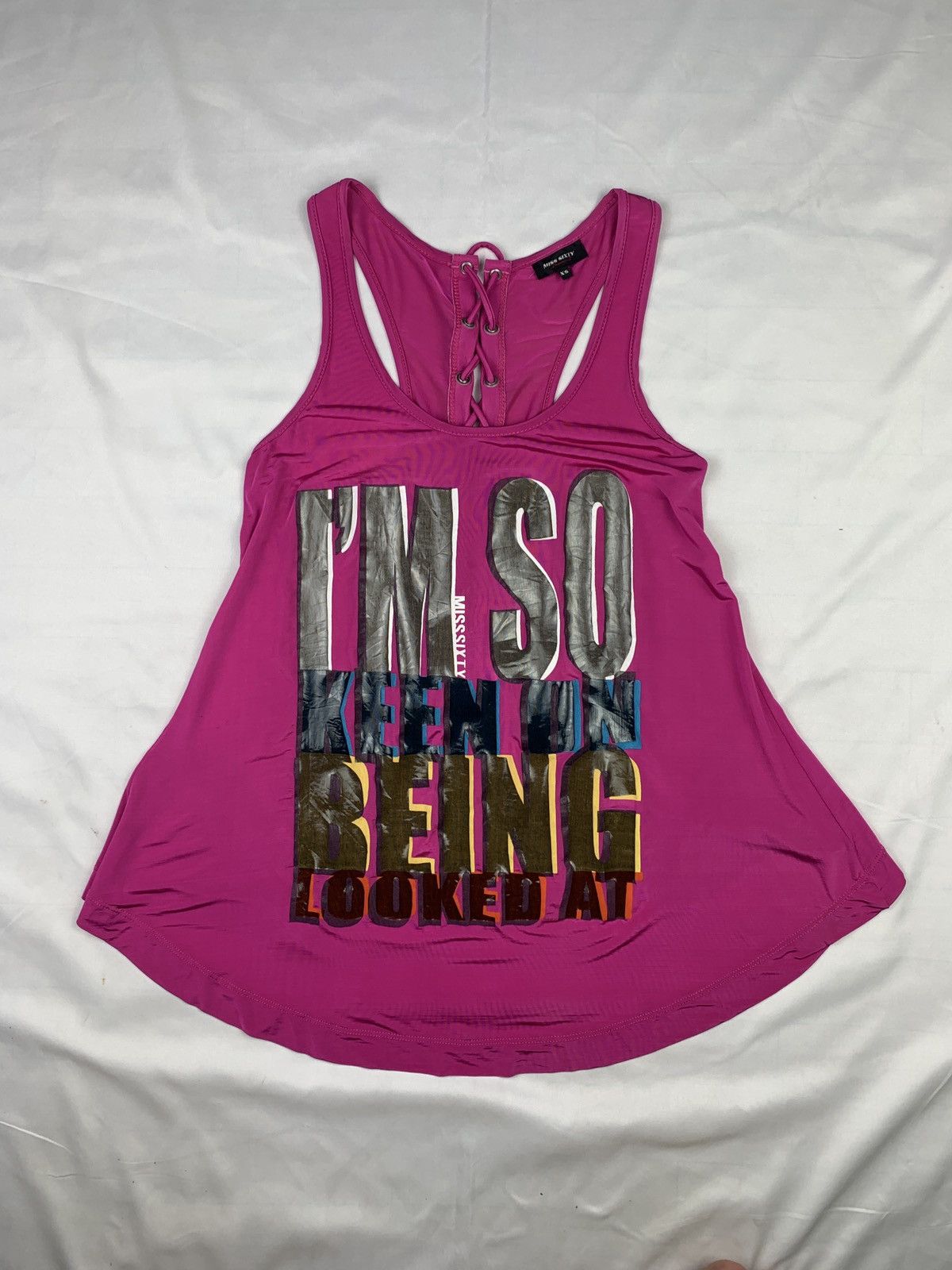 Miss Sixty Miss Sixty Italy Shiny Glossy Words Print Lace Back Tank Top Size S / US 4 / IT 40 - 1 Thumbnail