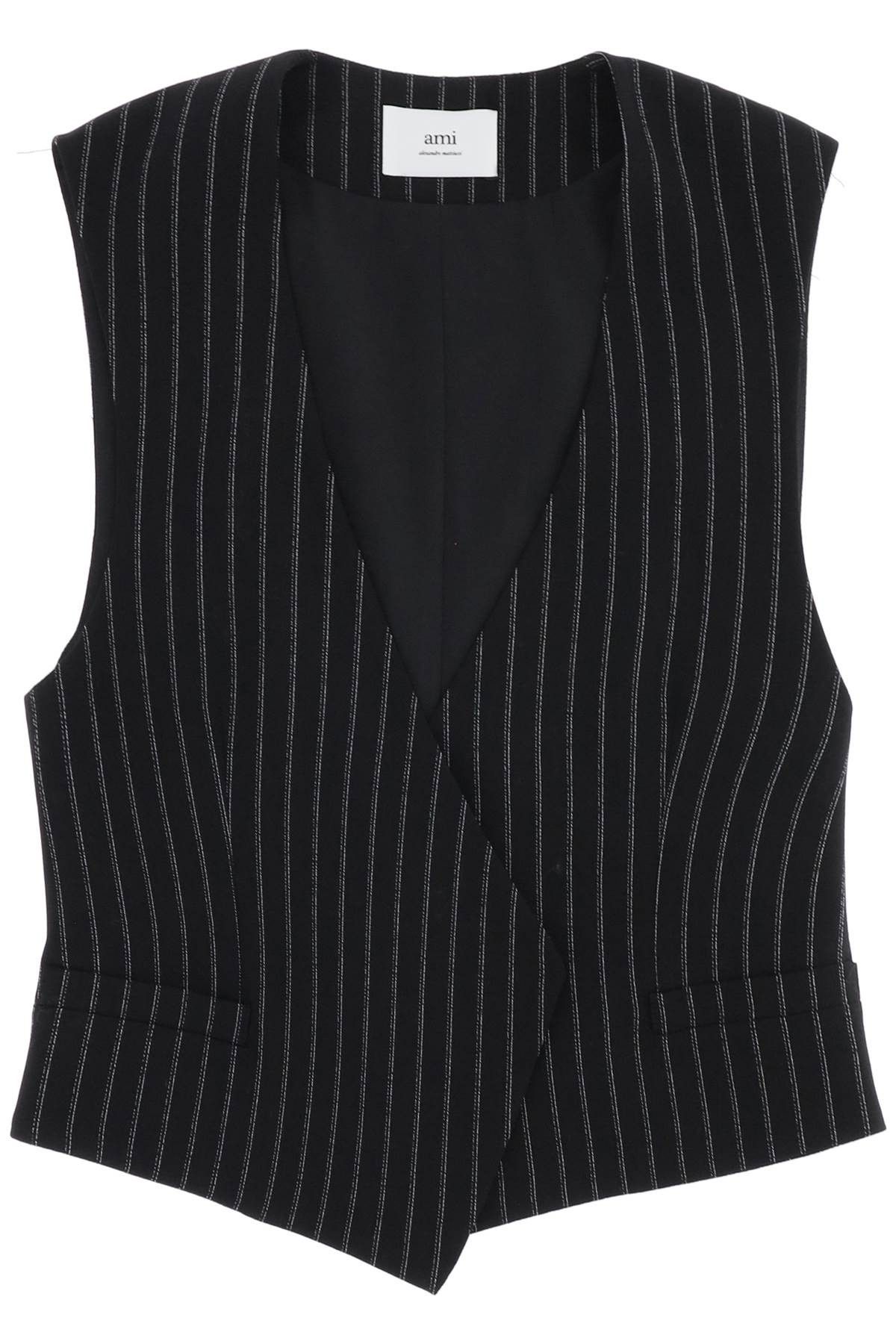 image of Ami Alexandre Matiussi Virgin Wool Pinstripe Waistcoat in Noir Craie, Women's (Size Medium)