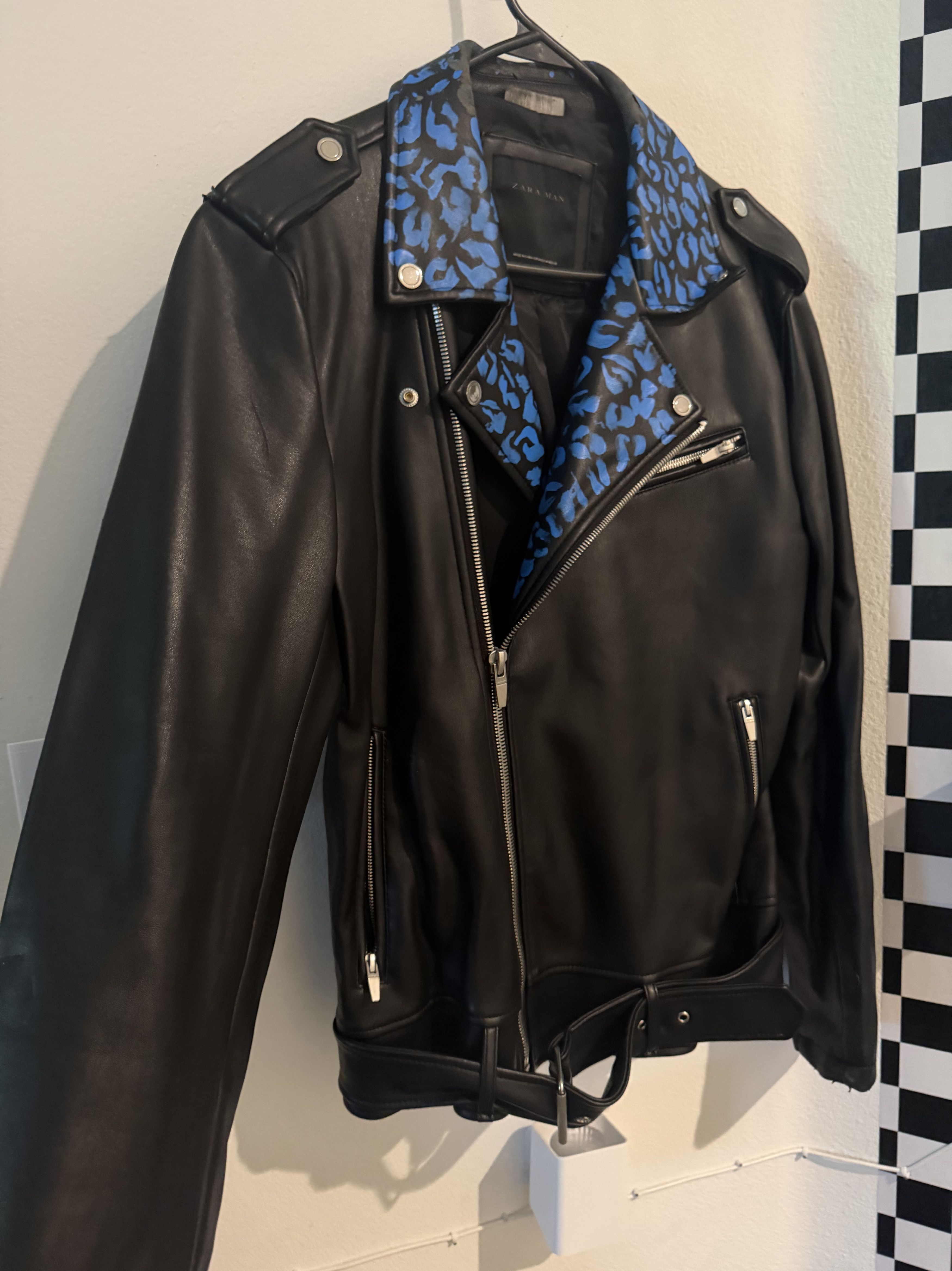 Zara Blue Leaopard Print Collar Leather Biker Jacket Size US M / EU 48-50 / 2 - 4 Thumbnail