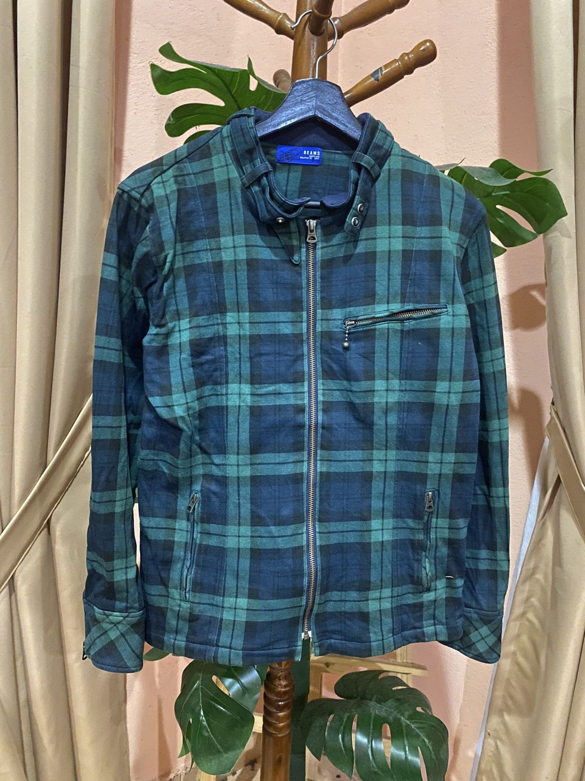 Beams Plus Beams Happy Life Solution Co. Green Plaid Biker Jacket Size US S / EU 44-46 / 1 - 1 Thumbnail