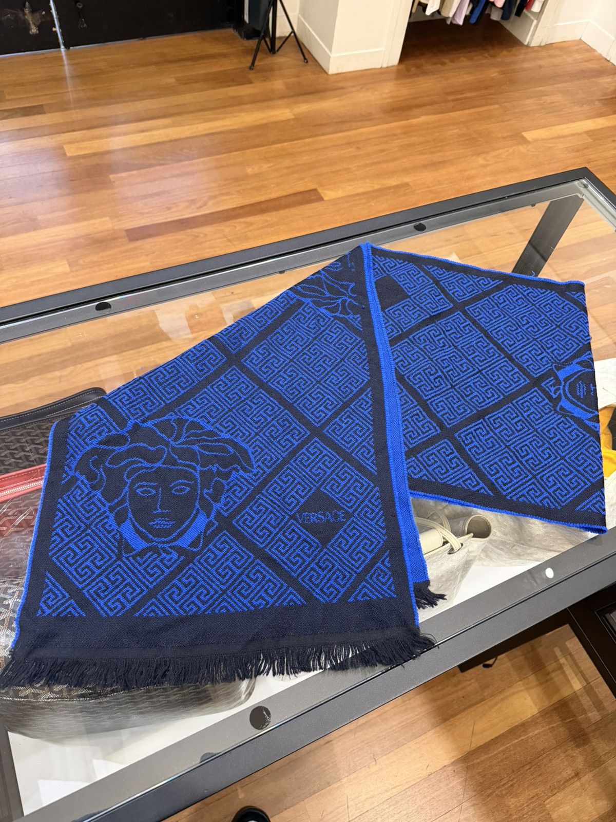 Versace Versace Medusa Greek Key Wool Scarf - Blue Black Size ONE SIZE - 1 Thumbnail