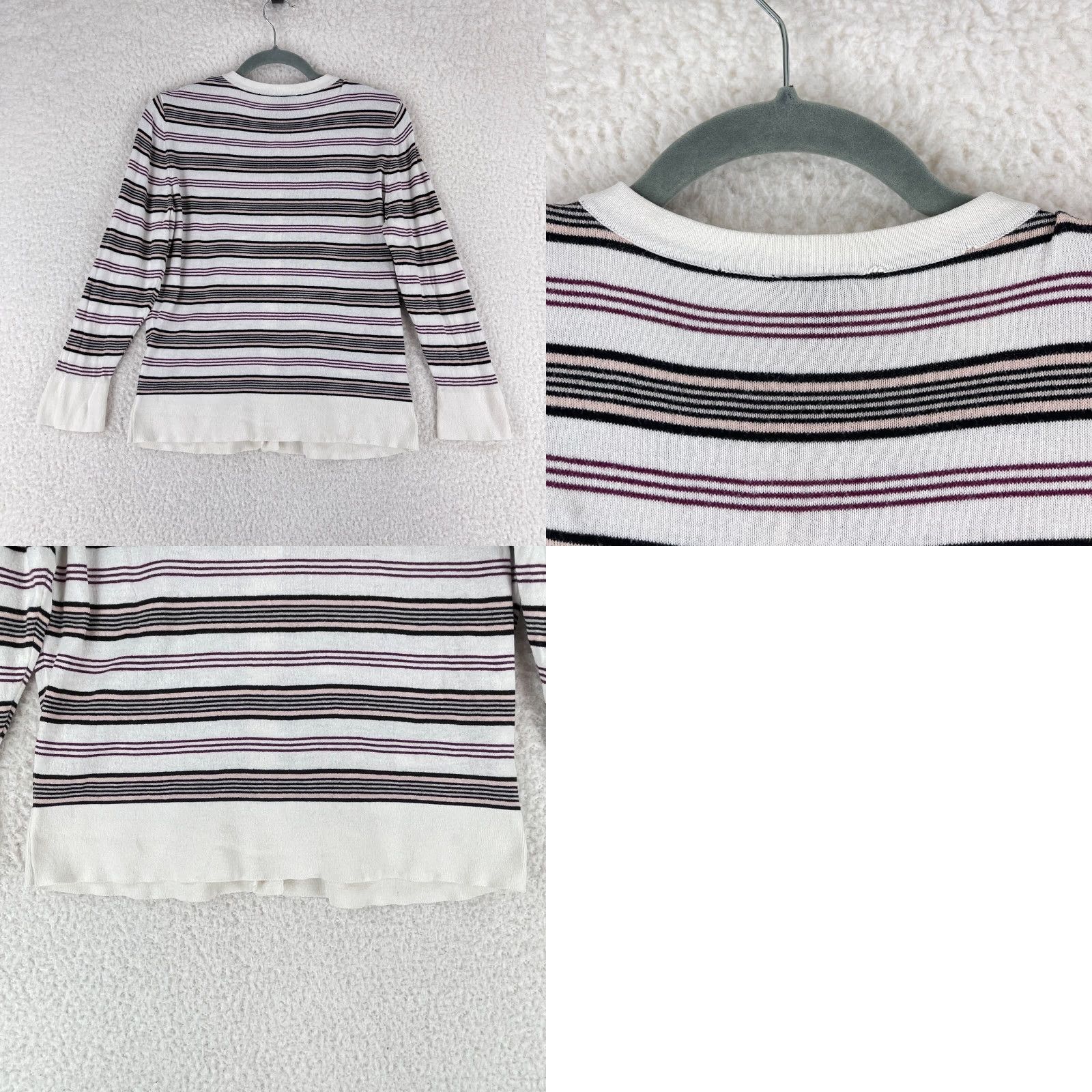 Ann Taylor Ann Taylor Cardigan Shirt Womens Large White Striped Knit Crew Neck Long Sleeve Size L / US 10 / IT 46 - 9 Thumbnail