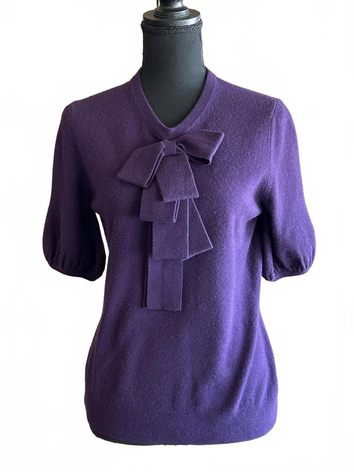 Designer Womens Tie Neck Short Sleeve Sweater Top Purple Knit Preppy Size S / US 4 / IT 40 - 1 Thumbnail
