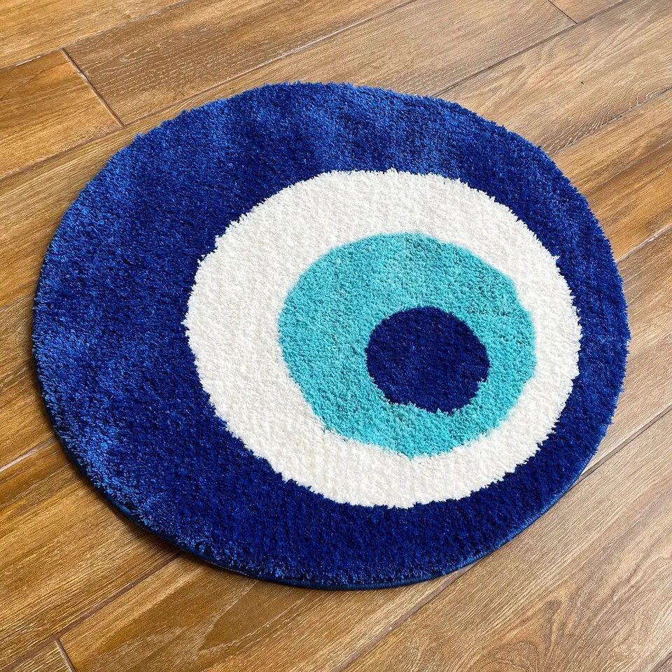 image of Fluffy Evil Eye Circle Rug Carpet Tufted 90X90Cm in Blue, Men's