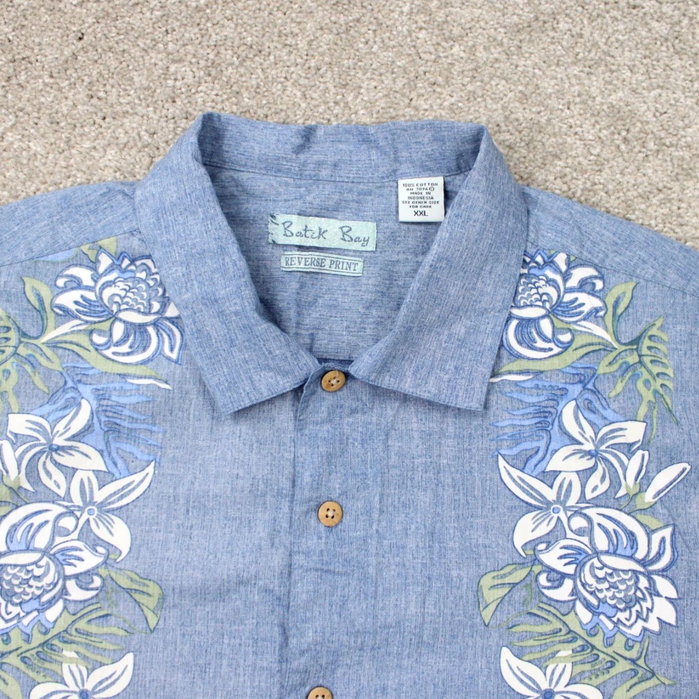 Vintage Batik Bay Shirt Mens 2XL Blue Floral Reverse Print 100% Cotton Short Sleeve Button-Up Size US XXL / EU 58 / 5 - 5 Thumbnail