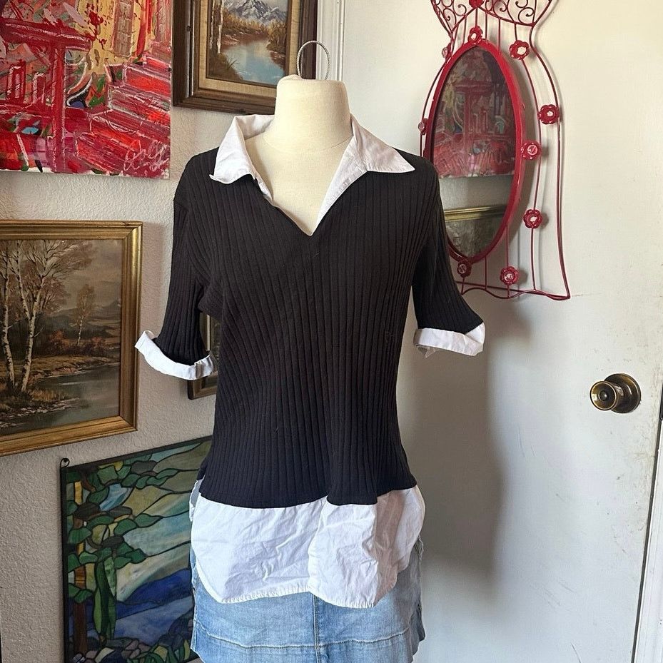 Other active ribbed black white knit blouse layered shirt Size L / US 10 / IT 46 - 1 Thumbnail