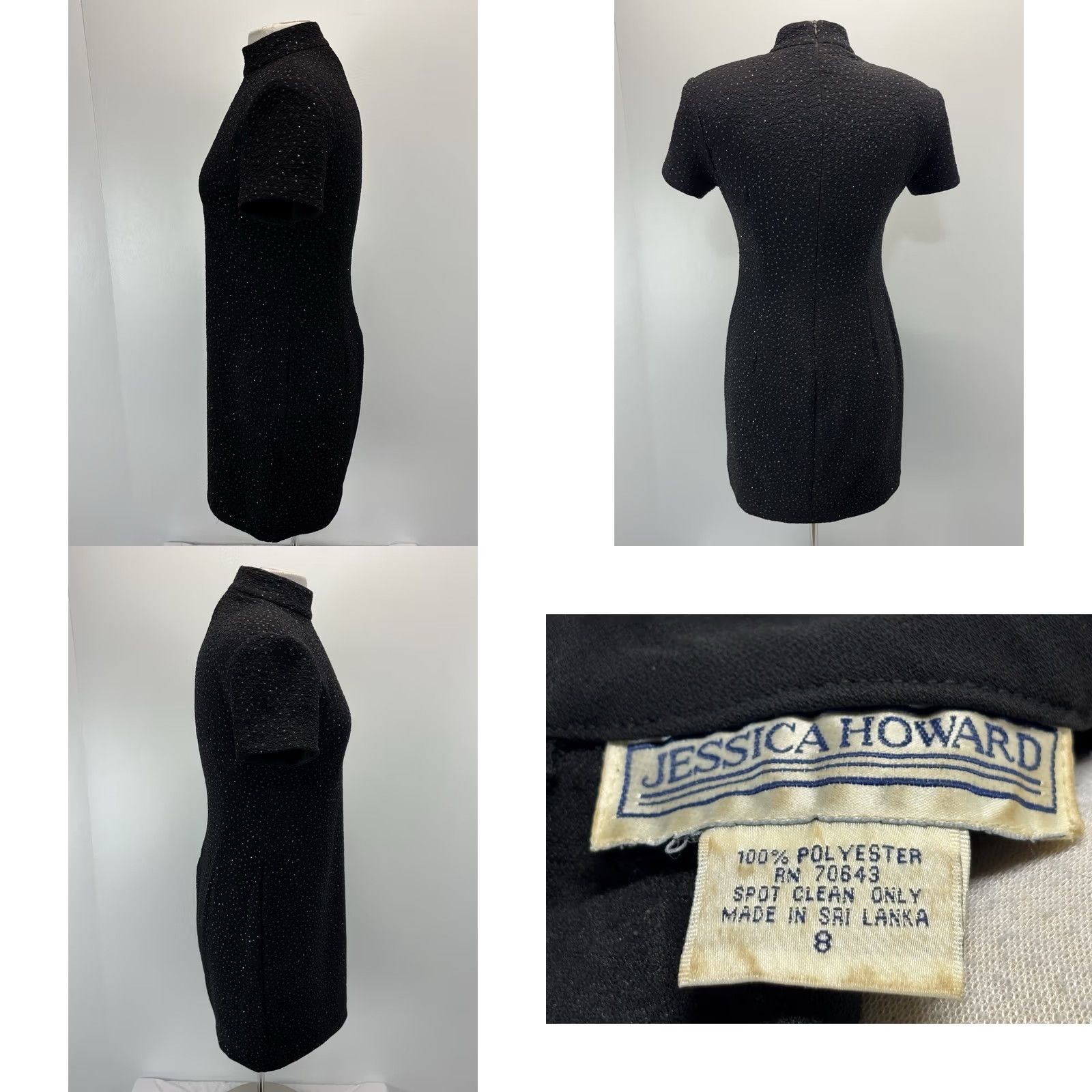 Vintage VINTAGE Jessica Howard 2 Pc Dress Set Jacket Dress Women's 8P Petite Black Sparkle Mock Neck Bow 90s Wedding Party Cocktail Formal Short Sleeve Size M / US 6-8 / IT 42-44 - 8 Thumbnail