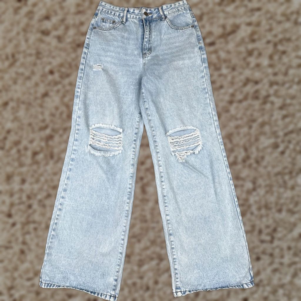 Shein Shein Jeans Women 4 Blue Denim Wide-Leg High Rise Distressed 26x31 90s Women Size 27" / US 4 / IT 40 - 1 Thumbnail