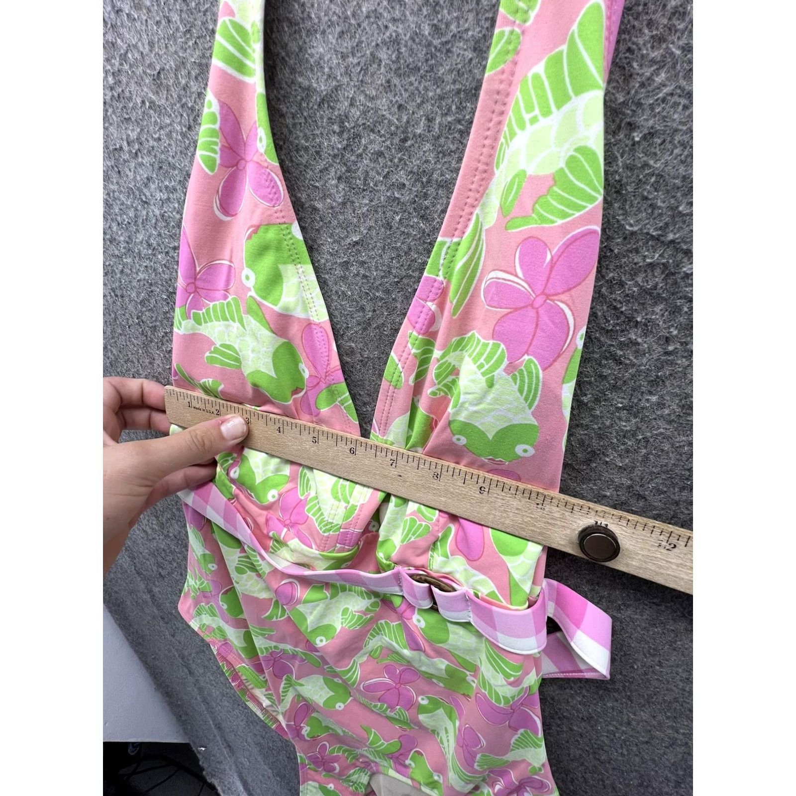 Vintage Loo+ One Piece Swimsuit Womens 12 Pink Tropical Fish Halter Belted Floral Swim Size ONE SIZE - 3 Thumbnail