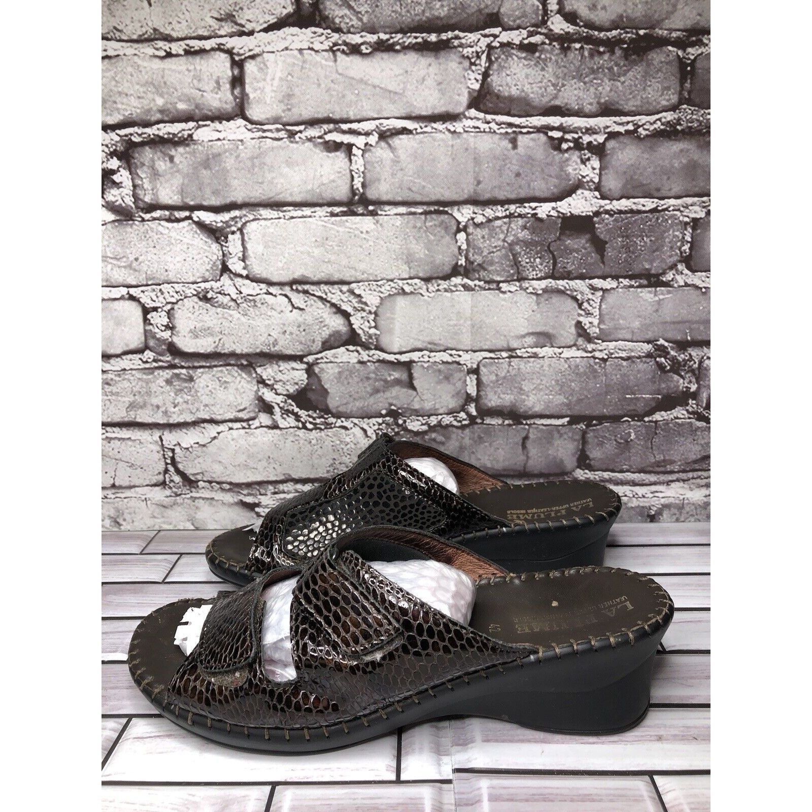 Other LA PLUME Jen Brown Patent Leather Strap Slide Wedge Sandals Size US 11 / IT 41 - 5 Thumbnail