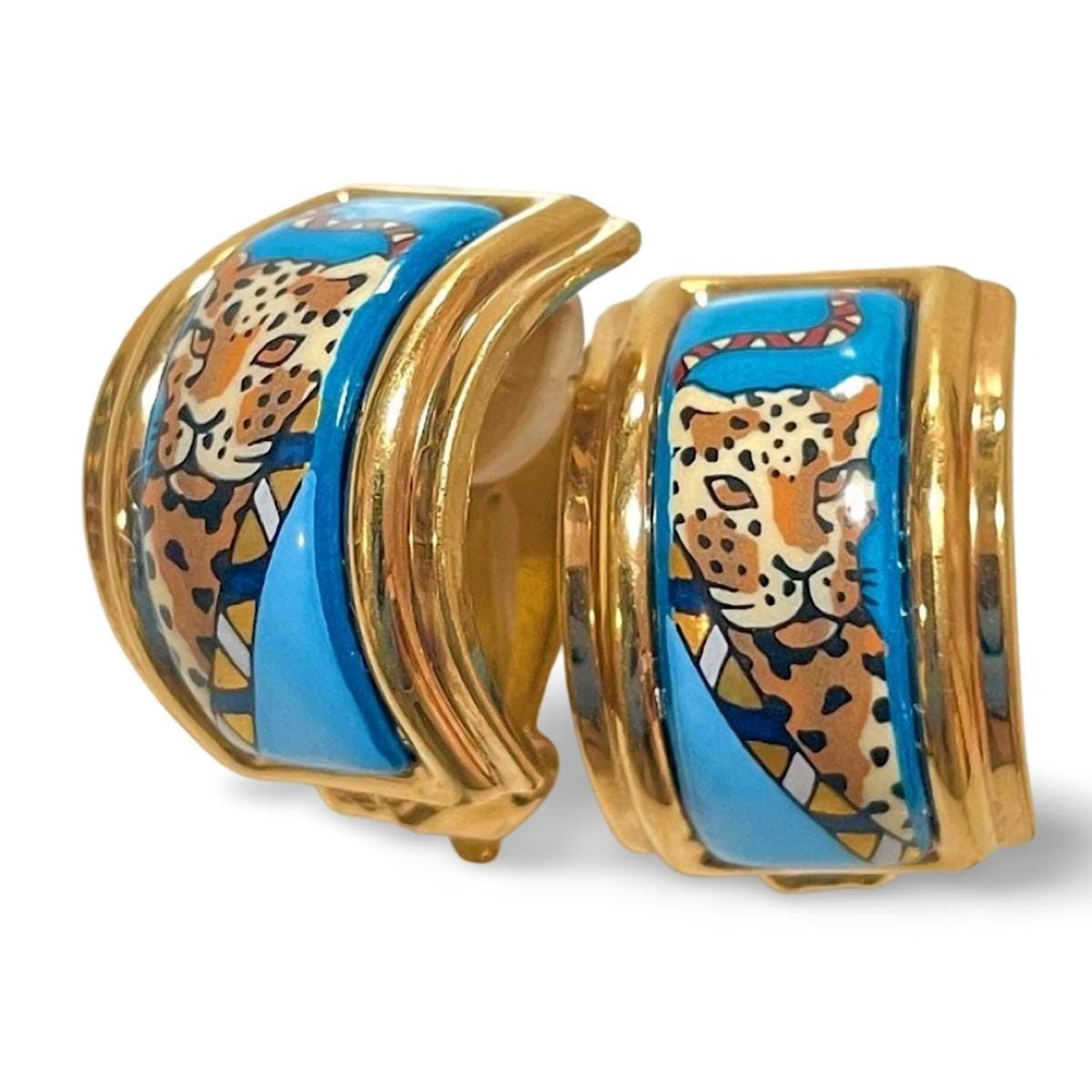 Vintage Hermes blue cloisonne enamel earrings with panther