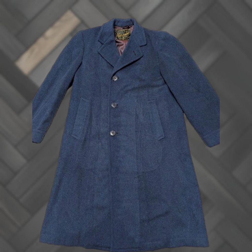 Vintage VINTAGE blue 1940s 1930s OVERCOAT Wool Men 42 Regular Long Coat - Donegal English USA Made Topcoat Jacket Size US M / EU 48-50 / 2 - 1 Thumbnail