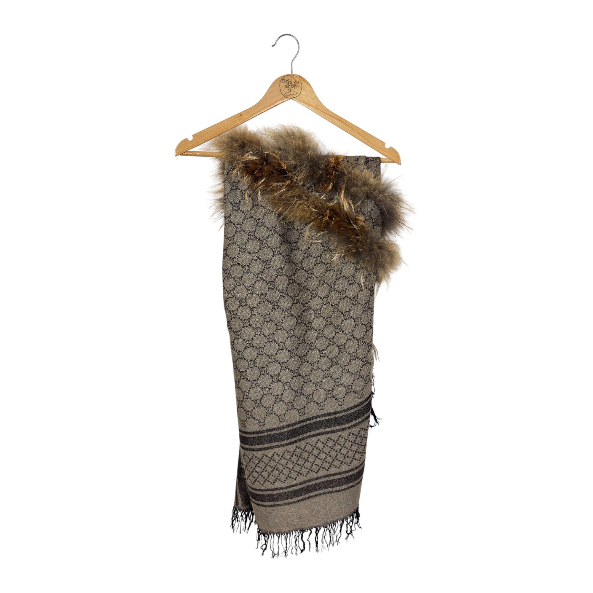 Gucci GG Monogram Wool Silk Stole with Fox Fur – Poncho Scarf Size ONE SIZE - 3 Thumbnail