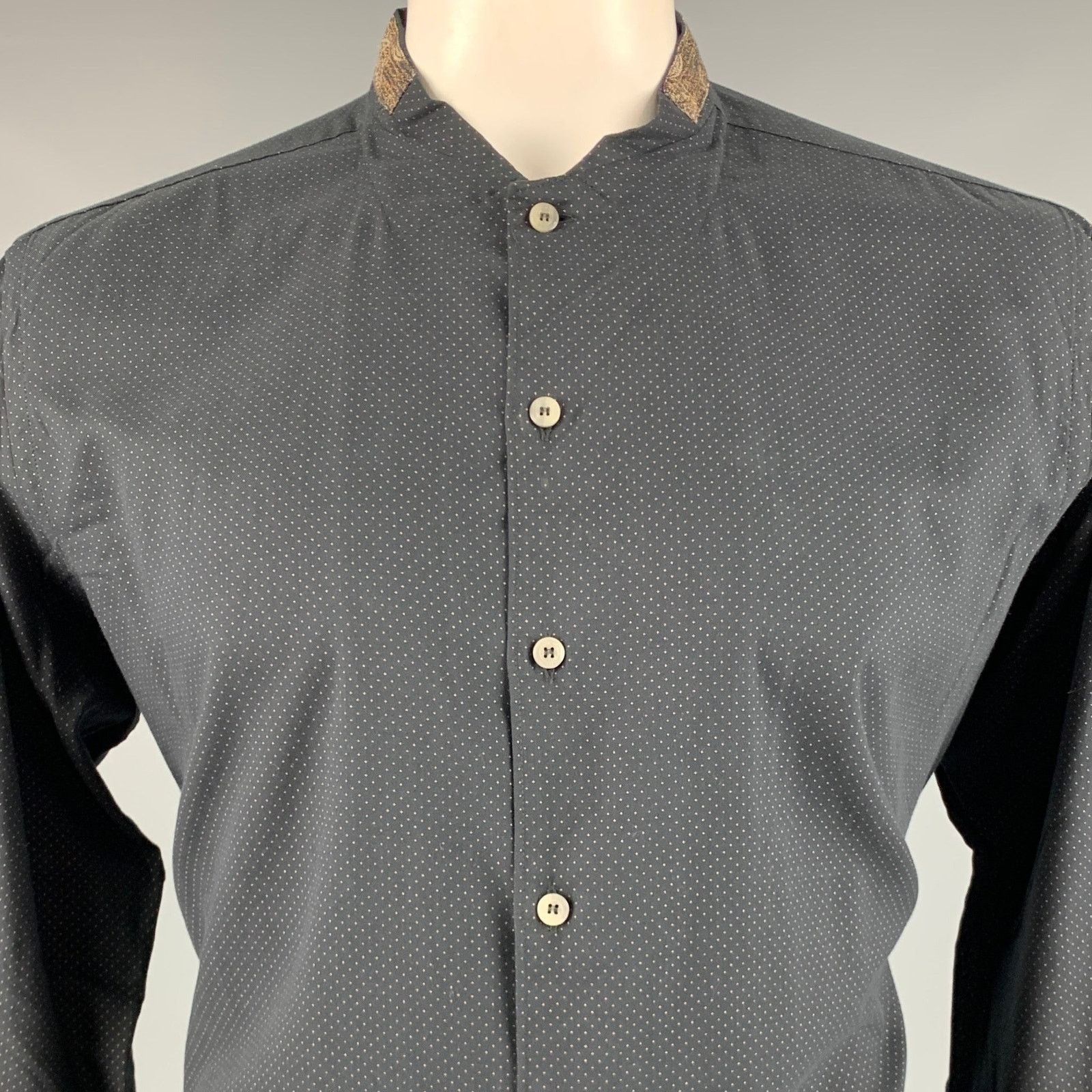 Etro Size L Black Brown Dots Wool Collarless Long Sleeve Shirt Size US L / EU 52-54 / 3 - 2 Thumbnail