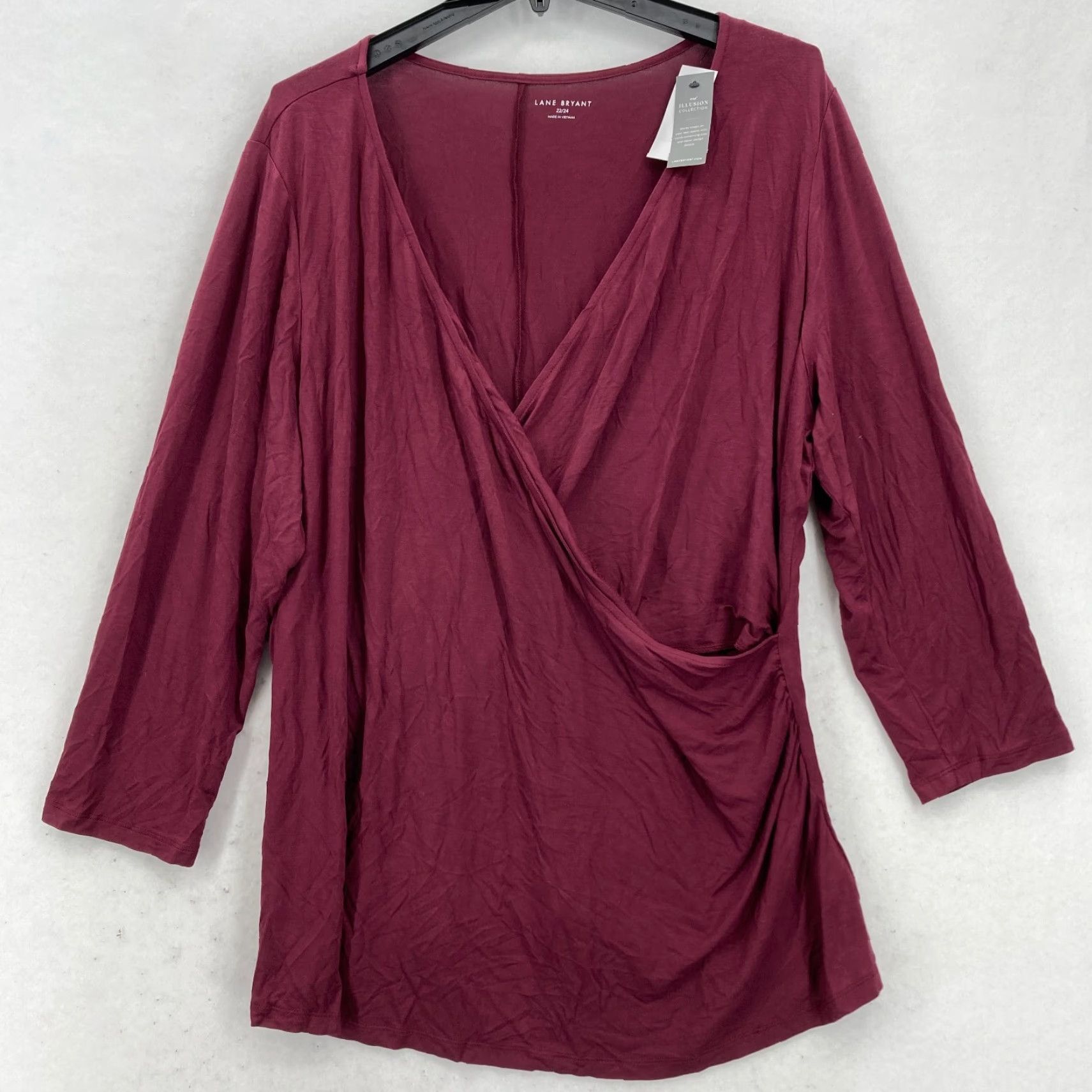Vintage Lane Bryant Wrap Top Blouse Women's Plus 22/24 Red 3/4 Sleeve Scoop Neck Stretch Casual Career Size 3XL / US 20-22 - 2 Thumbnail