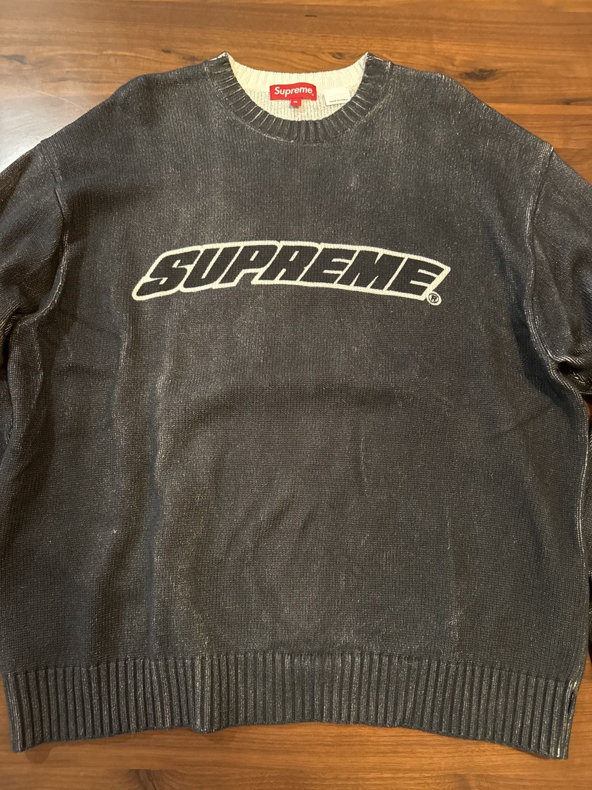 image of Supreme Printed Washed Sweater XL in Black, Men's