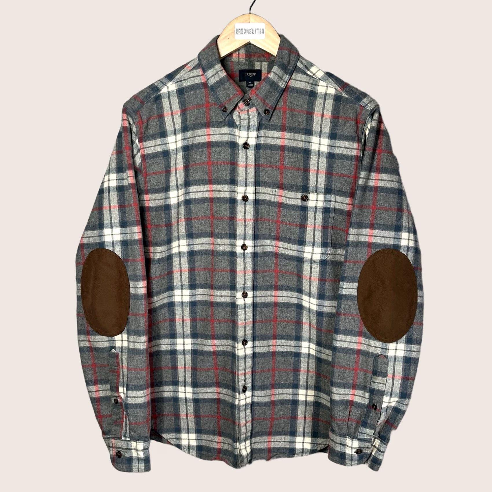 J.Crew J. CREW Shirt Mens M Gray Plaid Suede Elbow Patch Button Up Long Sleeve Flannel Size US M / EU 48-50 / 2 - 1 Thumbnail