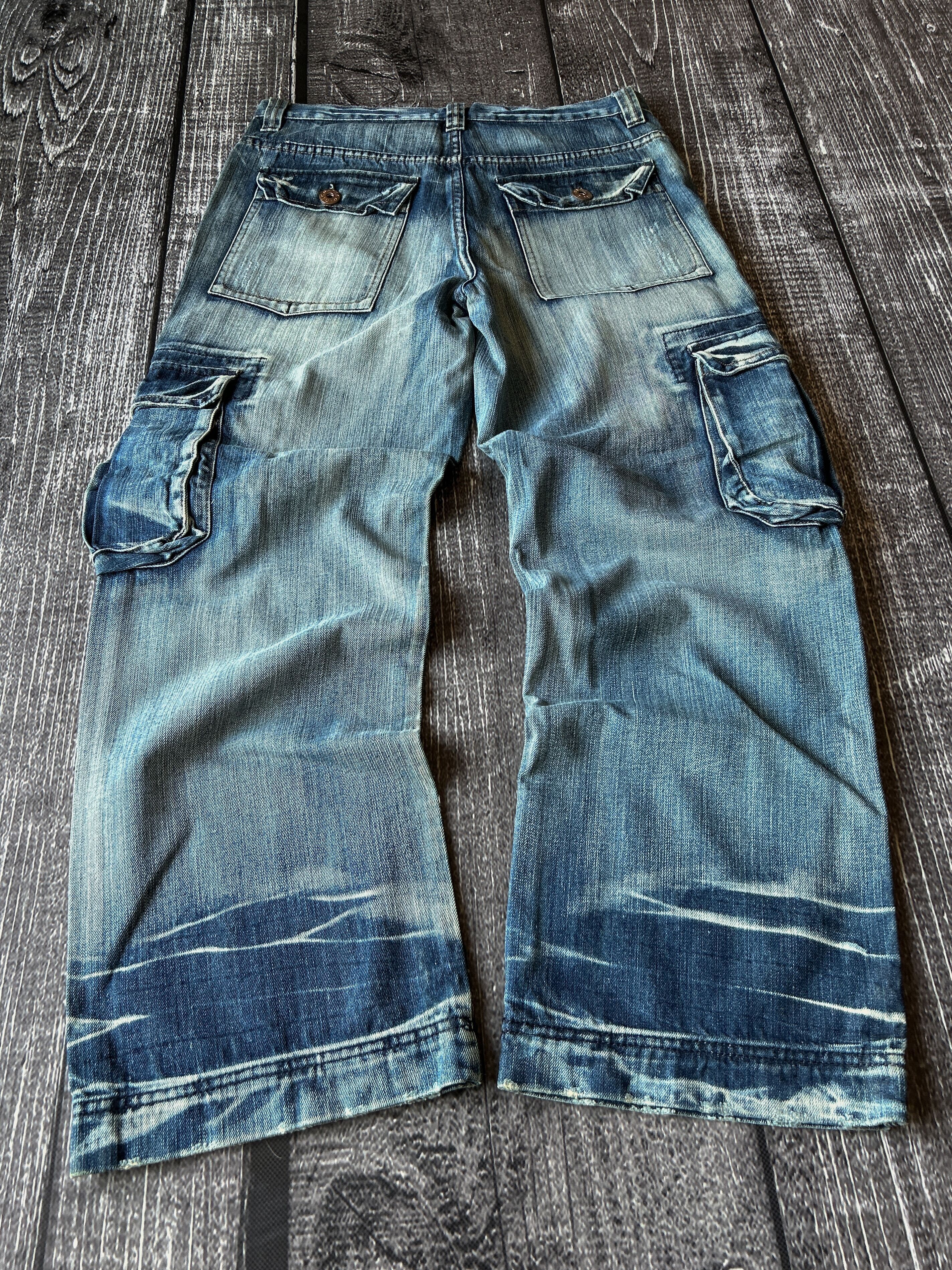 Vintage Baggy Denim Cargo Jeans Multi Pocket Wide Leg Y2K Streetwear Size US 32 / EU 48 - 2 Thumbnail