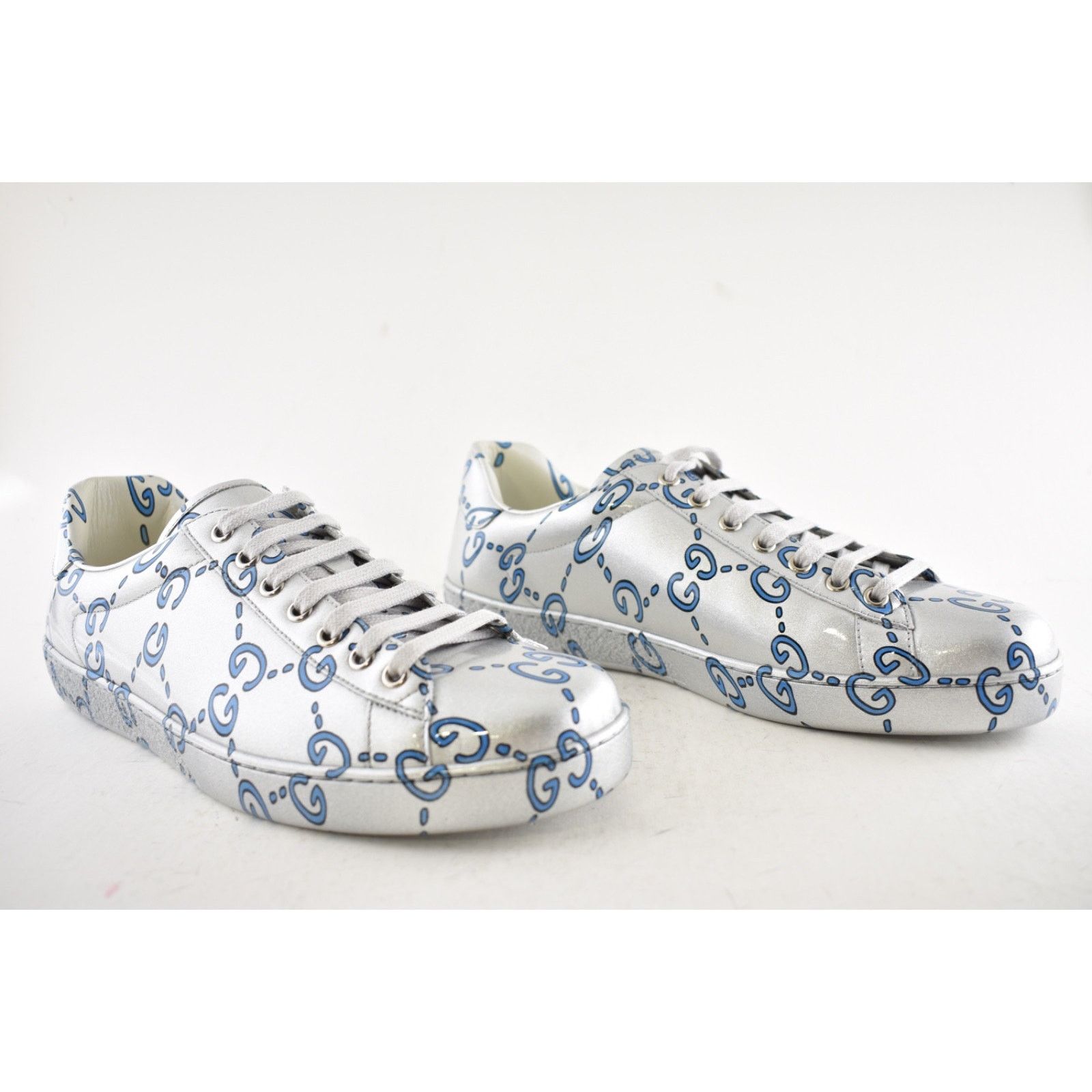 Gucci Gucci New Ace Silver Blue Ghost GG Leather Sneakers 9.5/10.5 Size US 10.5 / EU 43-44 - 4 Thumbnail