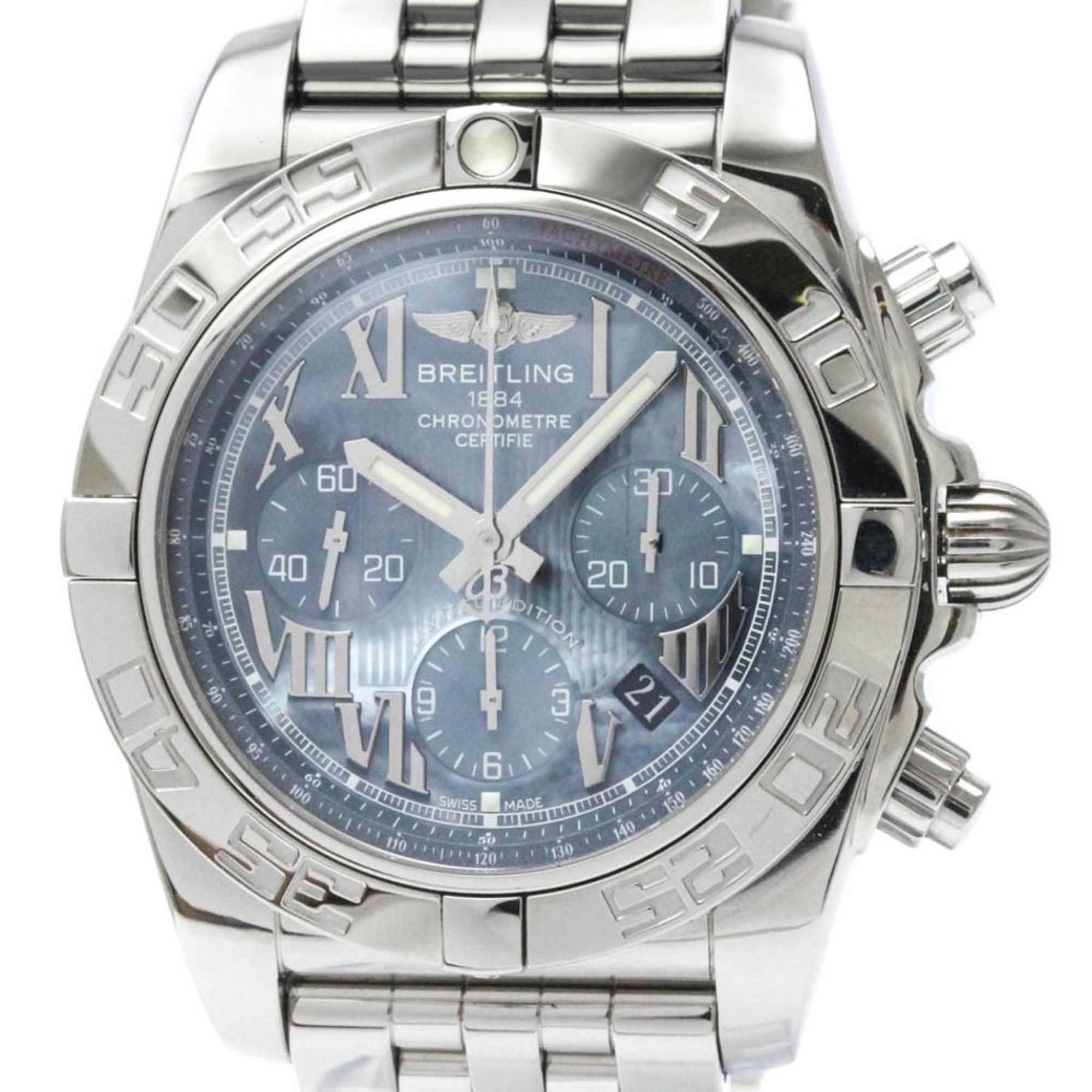 image of Polished Breitling Chronomat 44 Japan Ltd Blue Mop Dial Watch Ab0110 Bf566043 in Blue Shell, Women'