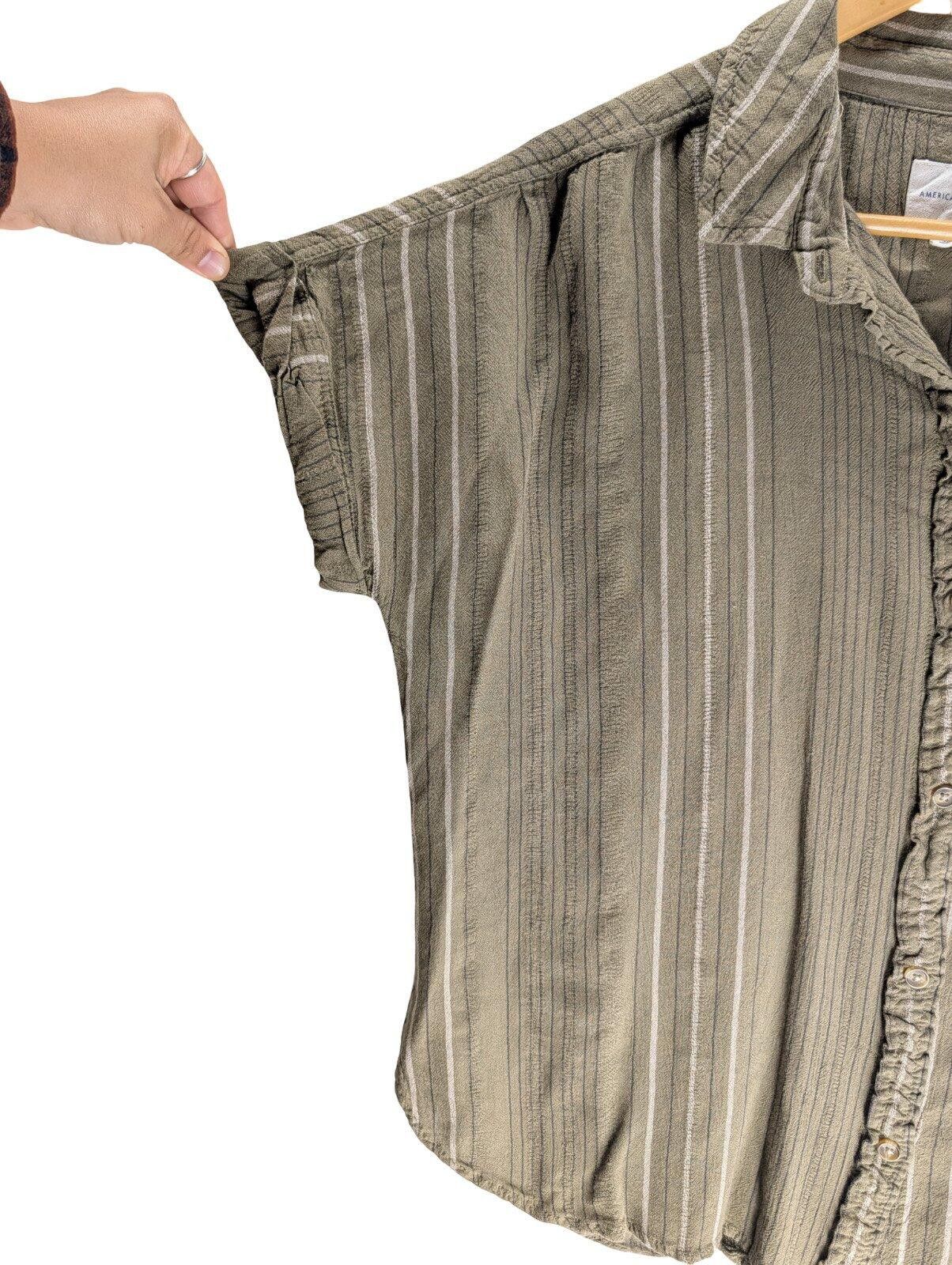 American Eagle Outfitters American Eagle Olive Green Striped Button Shirt w/ Pocket Size M / US 6-8 / IT 42-44 - 3 Thumbnail