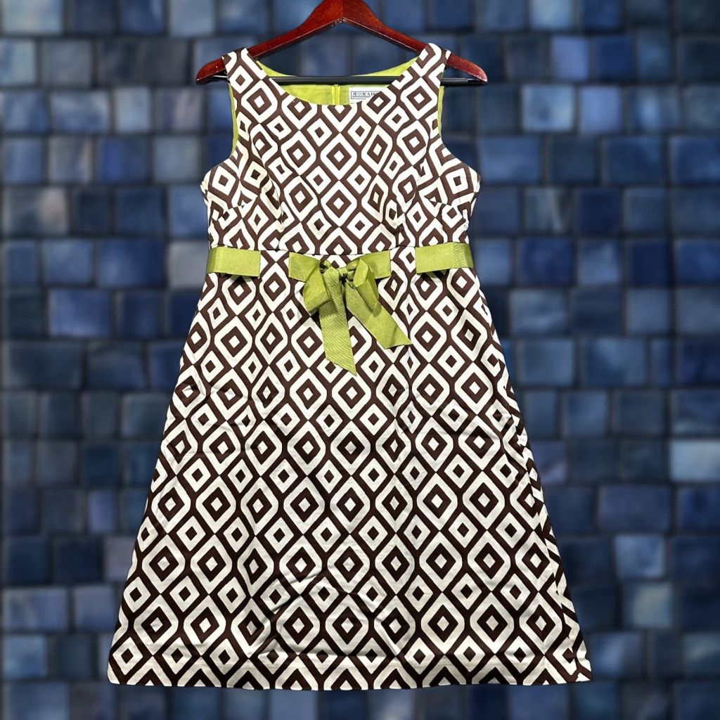 Vintage Jessica Howard Dress Womens 10 Sleeveless White Brown Print Ribbon Tie Back Zip Shirt Dress Size L / US 10 / IT 46 - 1 Thumbnail