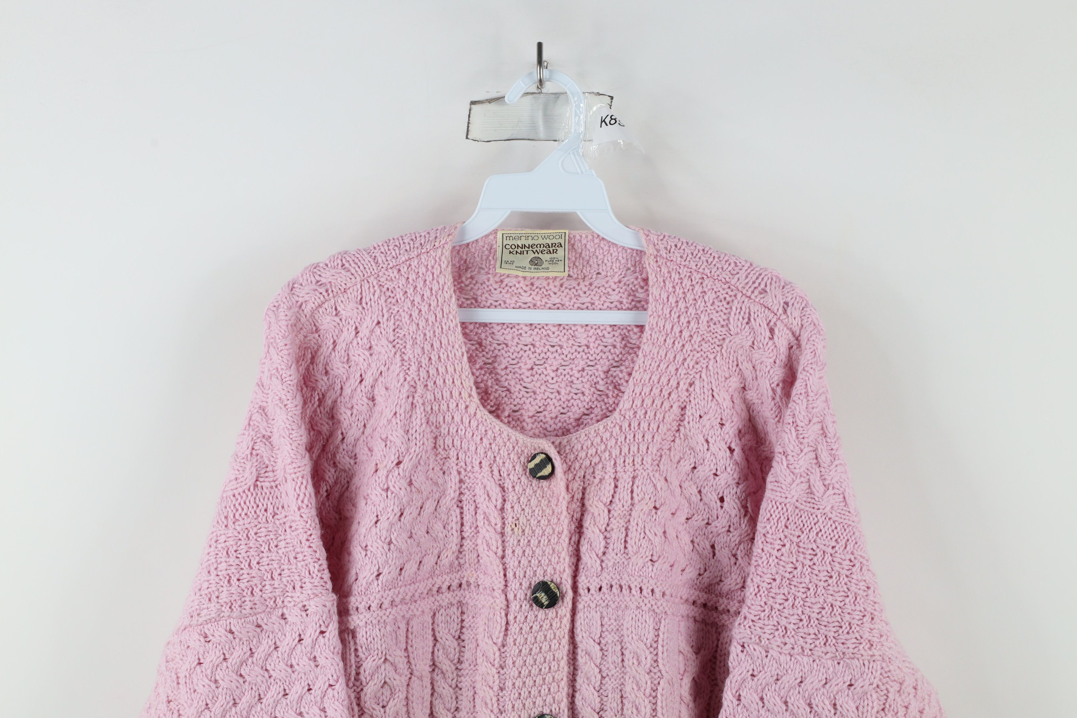 Vintage Vintage 90s Wool Fisherman Cable Knit Cardigan Sweater Pink Size XL / US 12-14 / IT 48-50 - 2 Thumbnail