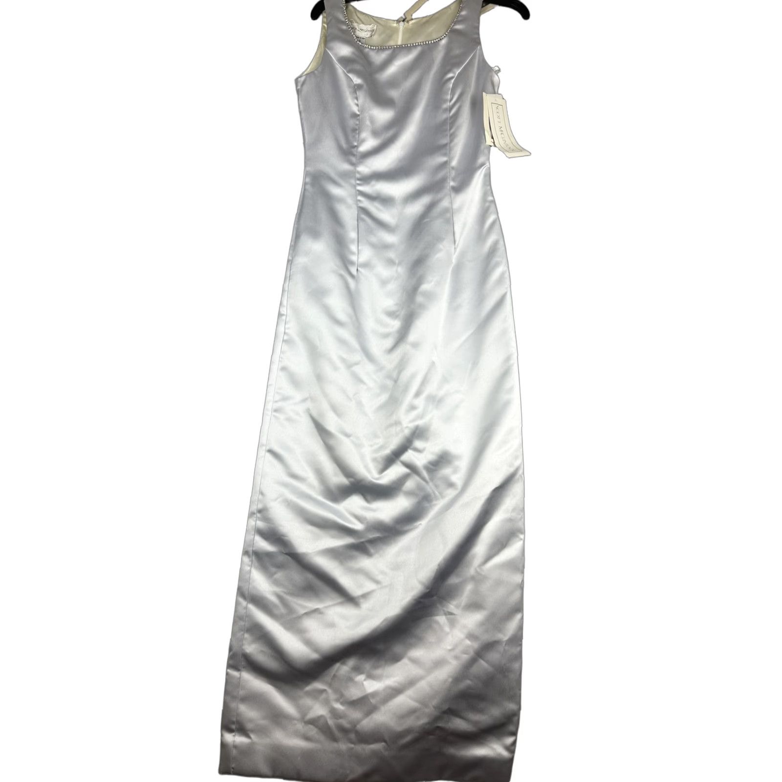 Jessica McClintock Dress Womens 8 Silver Satin Sheath Rhinestone Formal Gown NWT