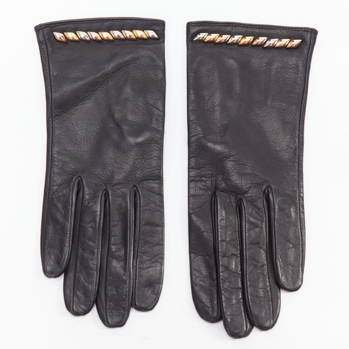 Louis Vuitton LOUIS VUITTON black leather gold silver trapeze stud short gloves Size ONE SIZE - 1 Thumbnail
