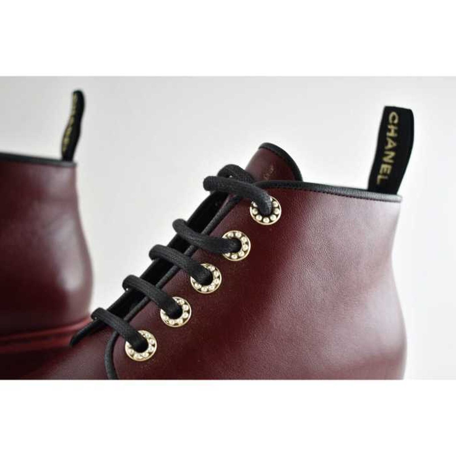 Chanel Chanel 20B Red Black Leather Pearl CC Combat Lace Up Tie Size US 7.5 / IT 37.5 - 6 Thumbnail