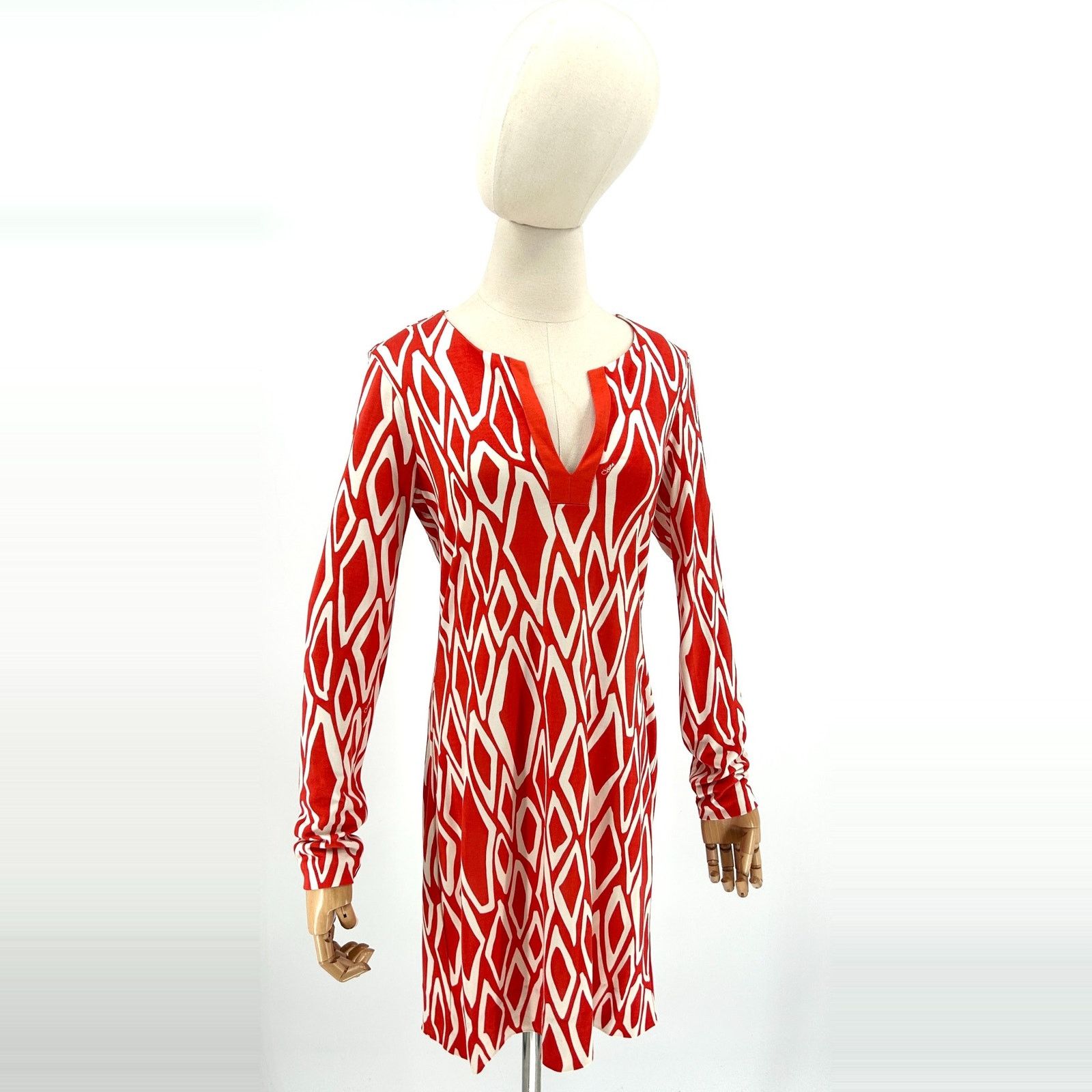 Diane von Furstenberg Red Cream Knit 100% Silk Tunic Mini Dress Size S / US 4 / IT 40 - 1 Thumbnail