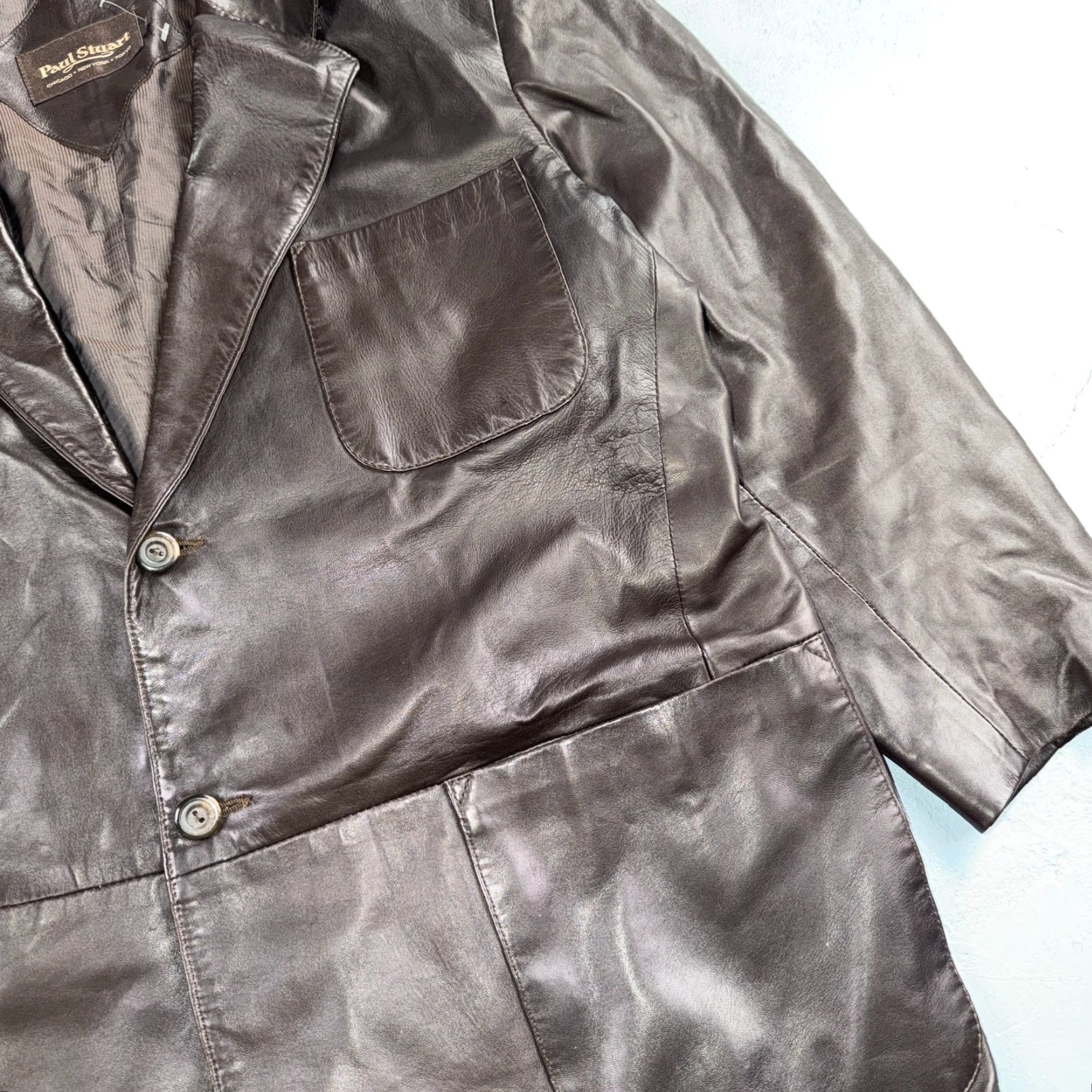Paul Stuart VINTAGE Paul Stuart Brown Leather Blazer Jacket XL Classic Mid-Length Casual 80s Mens Size 46R - 2 Thumbnail
