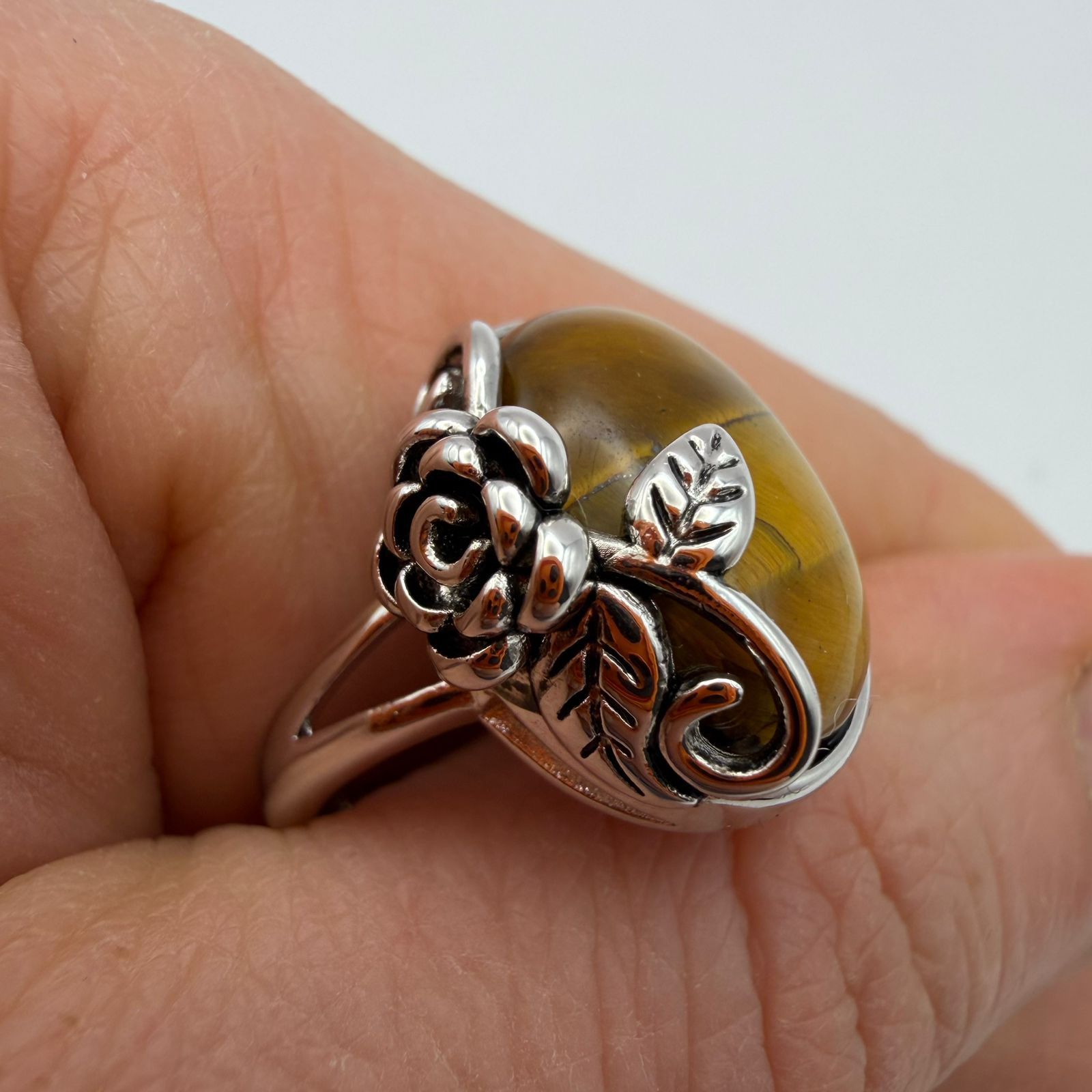 Sterling Silver 925 Silver Tiger Eye Ring Vintage Flower Adjustable Size ONE SIZE - 6 Thumbnail