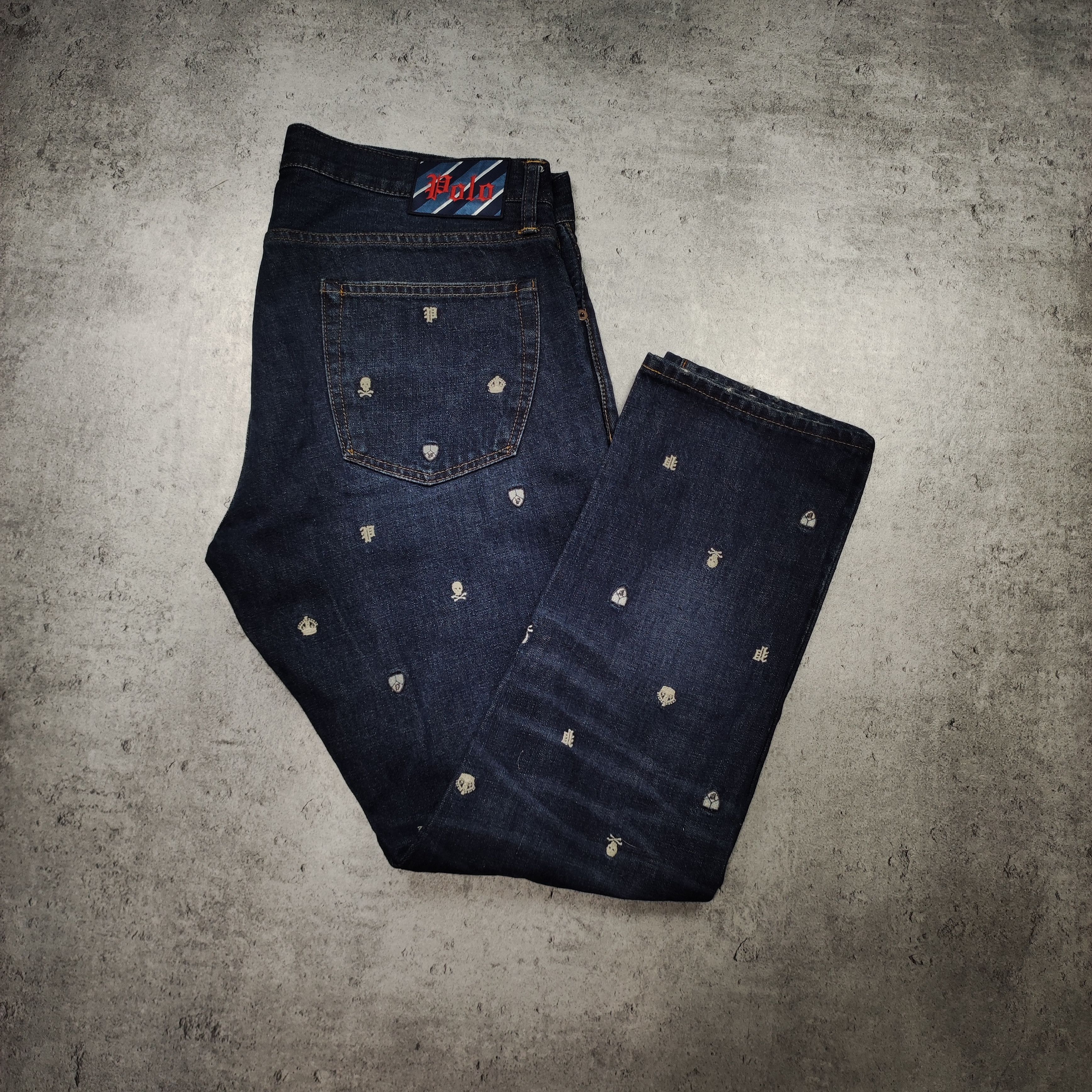 Rare Polo Ralph Lauren Skull Patern Logo Denim