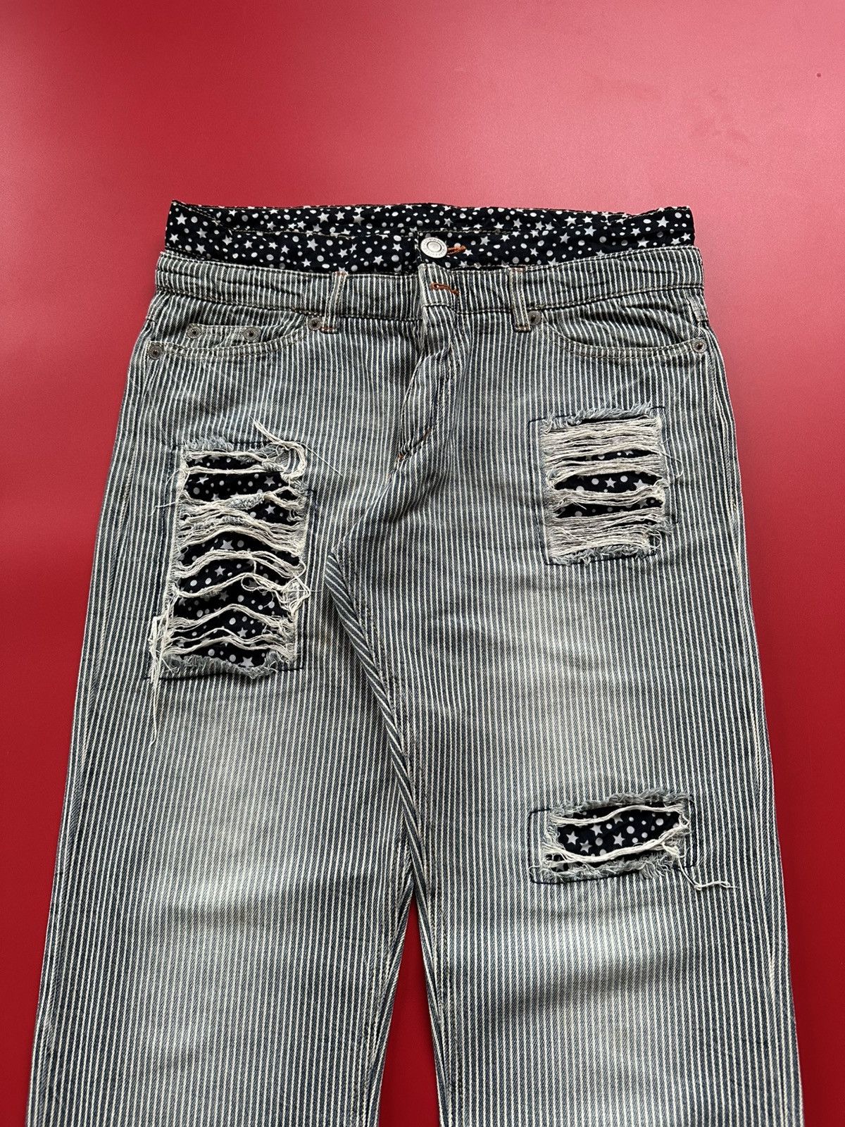 Japanese Brand Railroad Stripe Double Waist Patchwork Unbrand Jeans Size US 33 - 3 Thumbnail