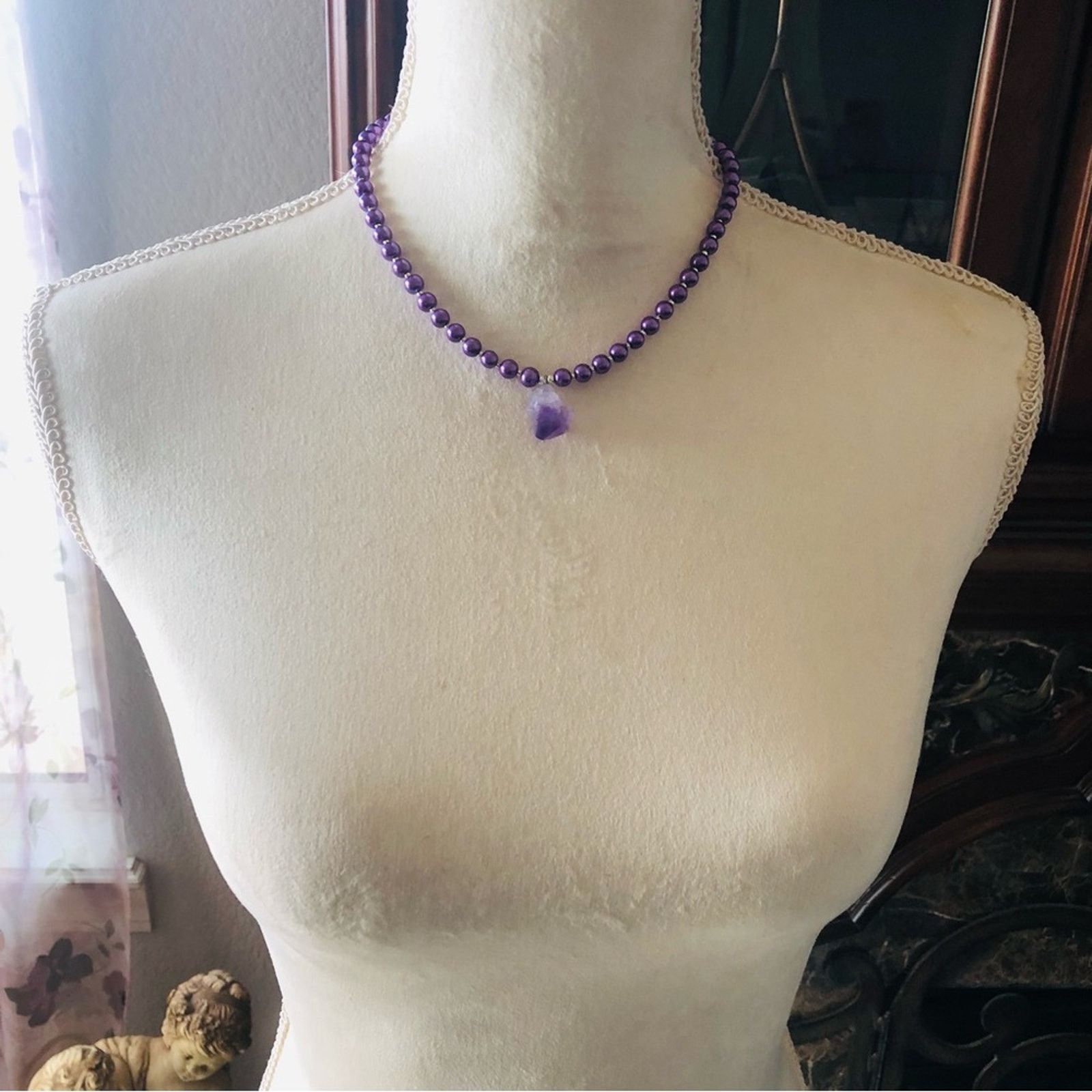 Handmade Handcrafted repurpose genuine amethyst slab Pearl necklace Size ONE SIZE - 6 Thumbnail