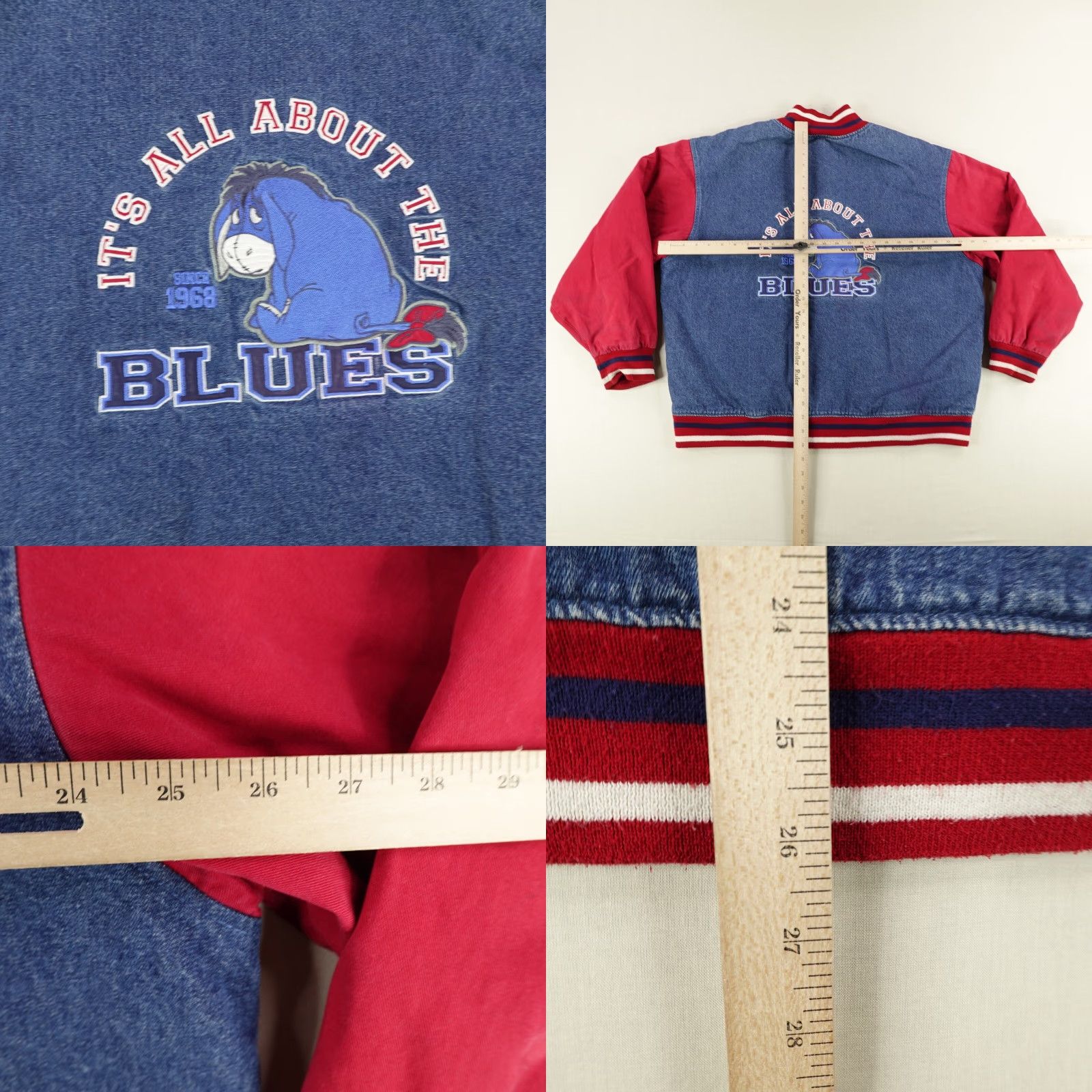 Disney Vintage Disney Jacket Mens Large Blue Denim Red Eeyore Quilted Bomber Coat 90s ^ Size US L / EU 52-54 / 3 - 8 Thumbnail