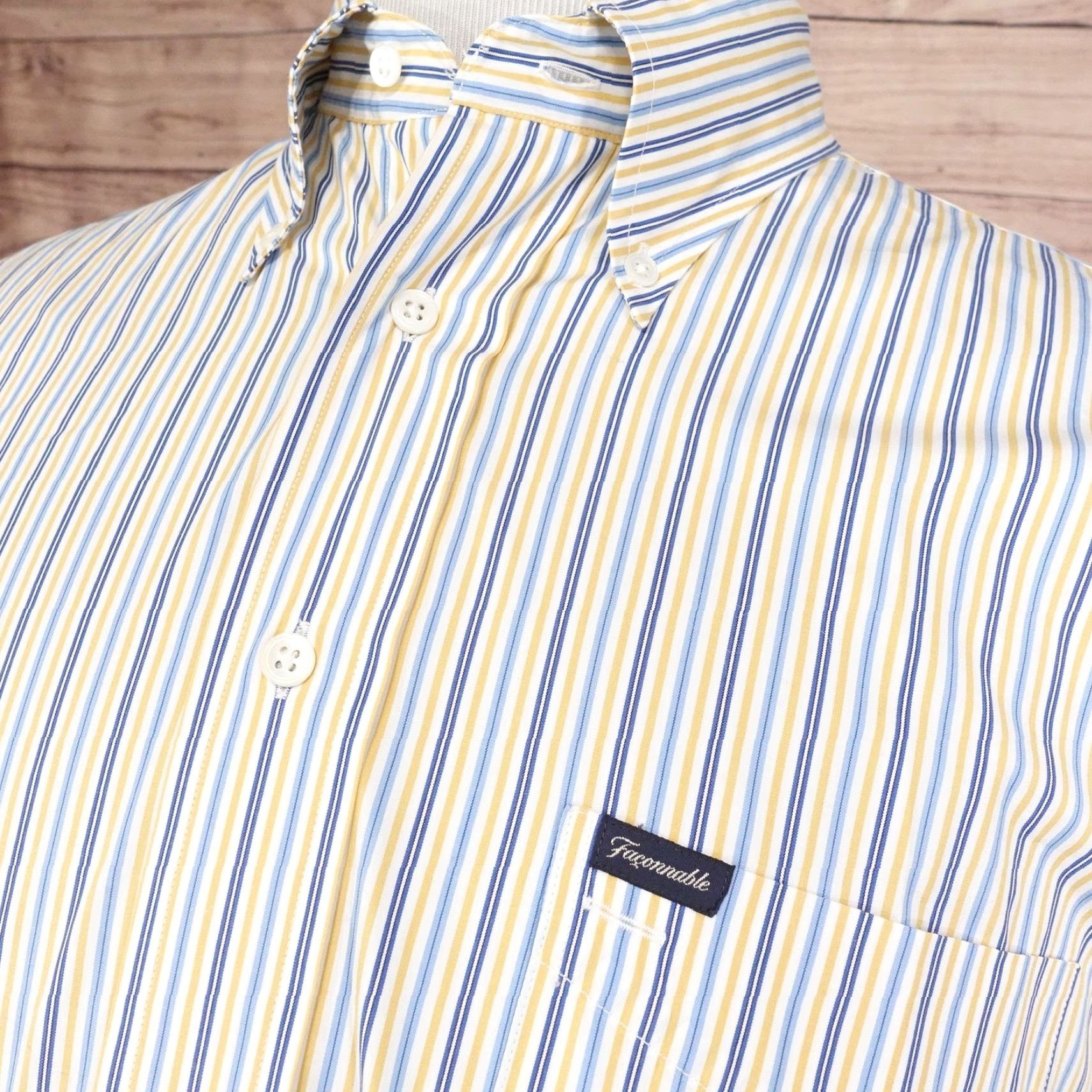 Faconnable Faconnable Shirt XL Yellow Striped Button Down Short Sleeve Casual Mens Size US XL / EU 56 / 4 - 2 Thumbnail