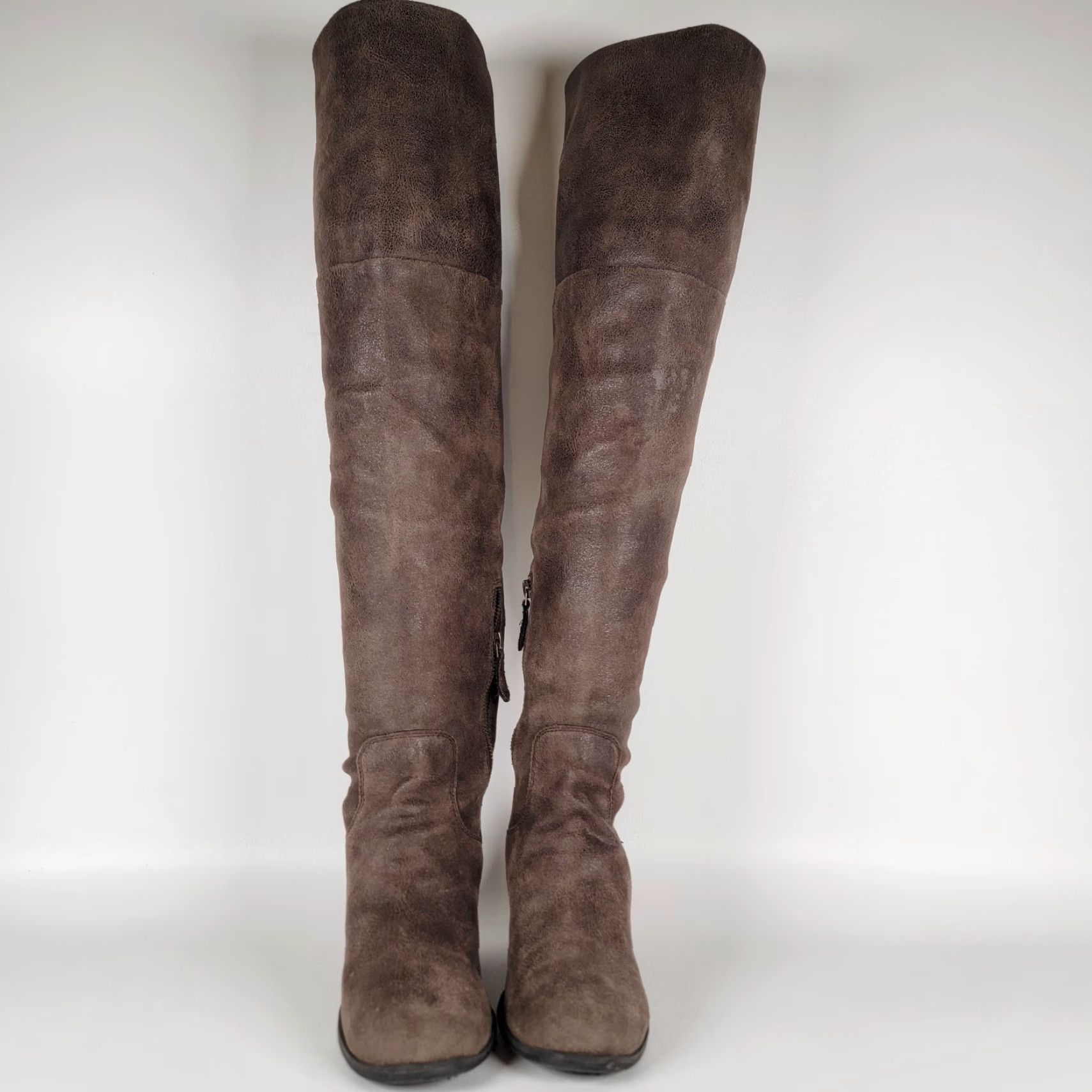 Vintage Hinge Over The Knee Brown Faux Leather Grunge Boot Pull On Women's 8M Heel Western Block Styling Size US 8 / IT 38 - 2 Thumbnail