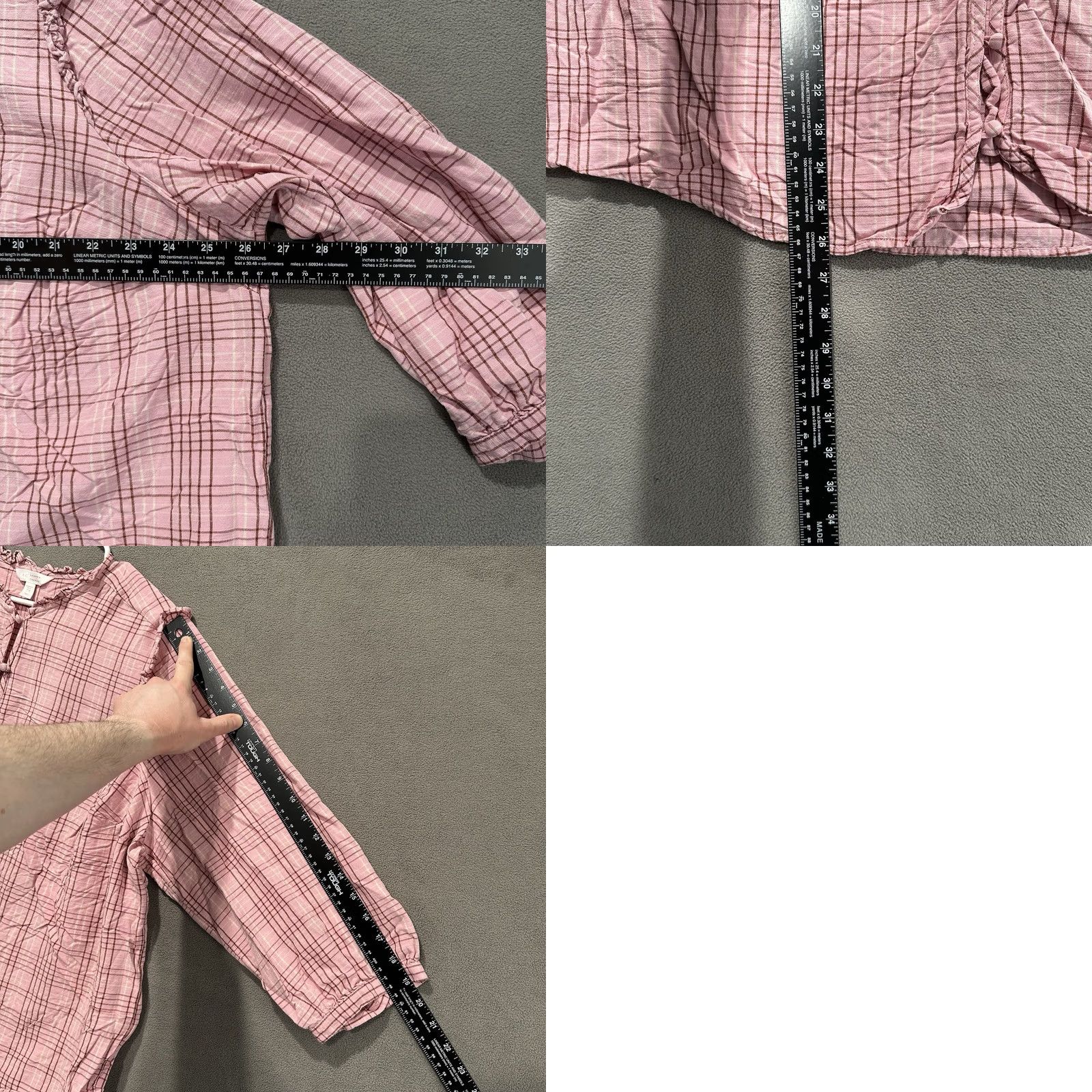 Vintage LC Lauren Conrad Blouse Womens 2X Pink Plaid Button Front Ruffle Balloon Sleeve Knit Cotton Blend Top Boy/Girls Women Size XXL / US 16-18 / IT 52-54 - 9 Thumbnail