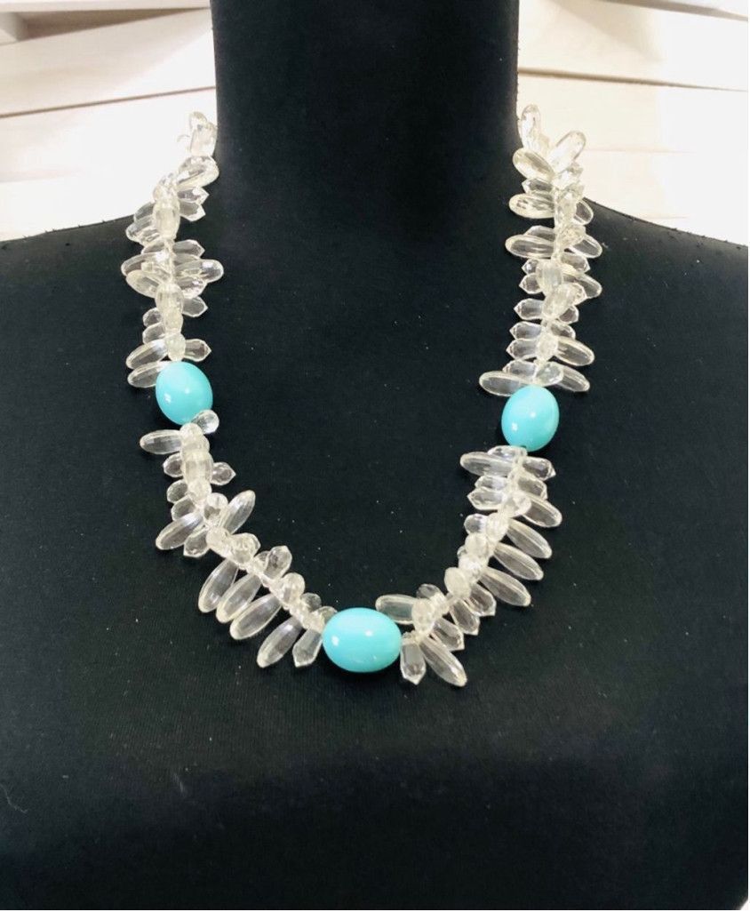 Vintage Beaded Silver Chain Necklace Earring Set Clear Turquoise Size ONE SIZE - 2 Thumbnail